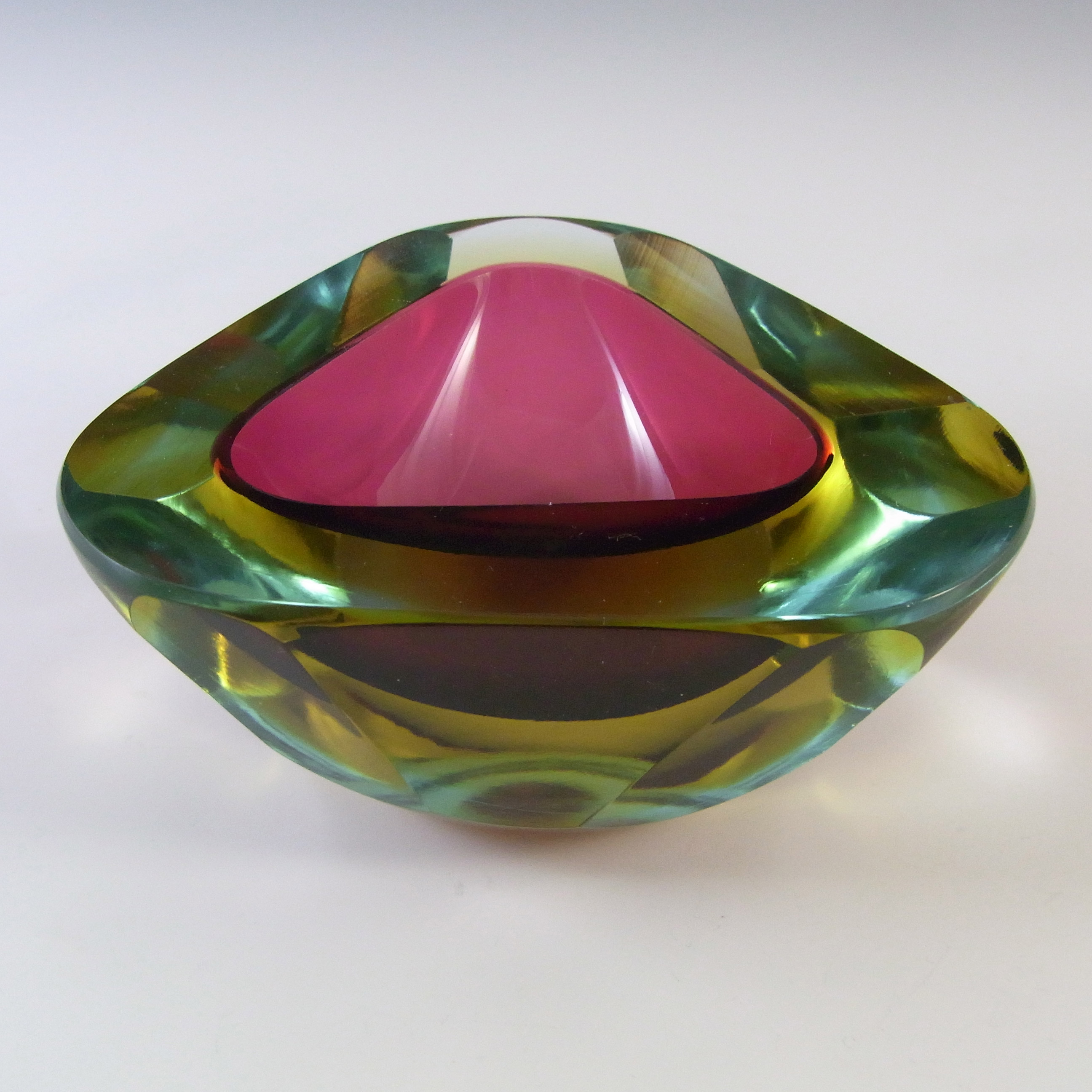 (image for) Murano Pink & Amber Sommerso Faceted Cased Glass Geode Bowl - Click Image to Close