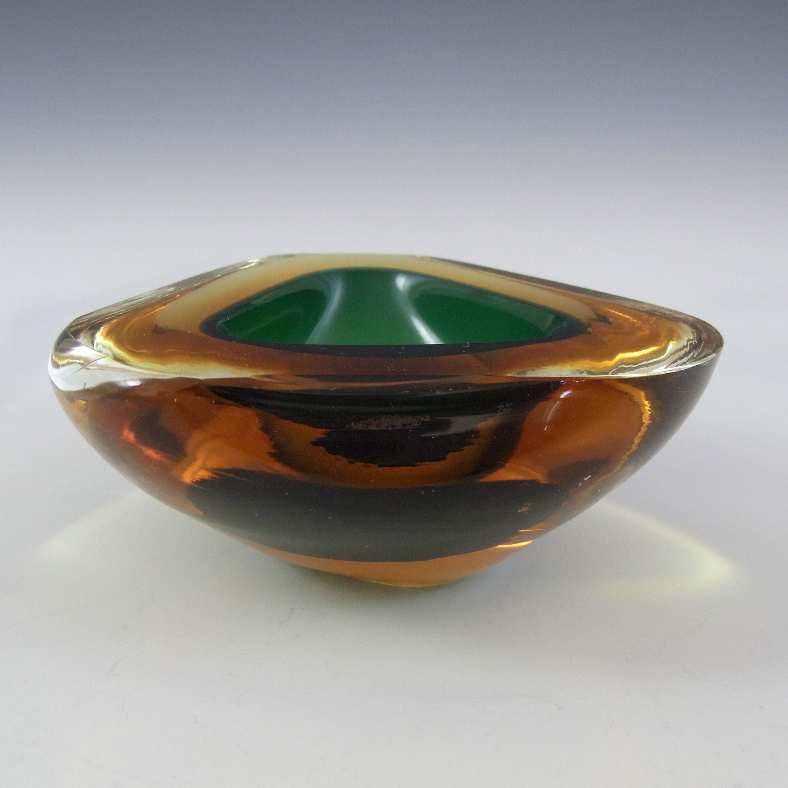(image for) Murano Geode Green & Amber Sommerso Glass Triangle Bowl - Click Image to Close