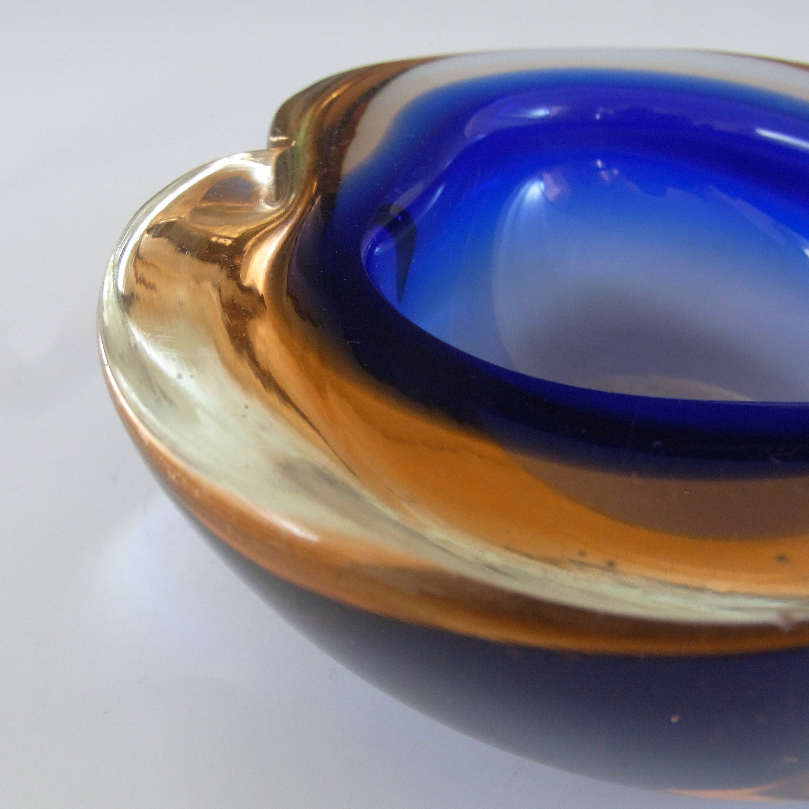 Murano Geode Blue & Amber Sommerso Glass Triangle Bowl - Click Image to Close