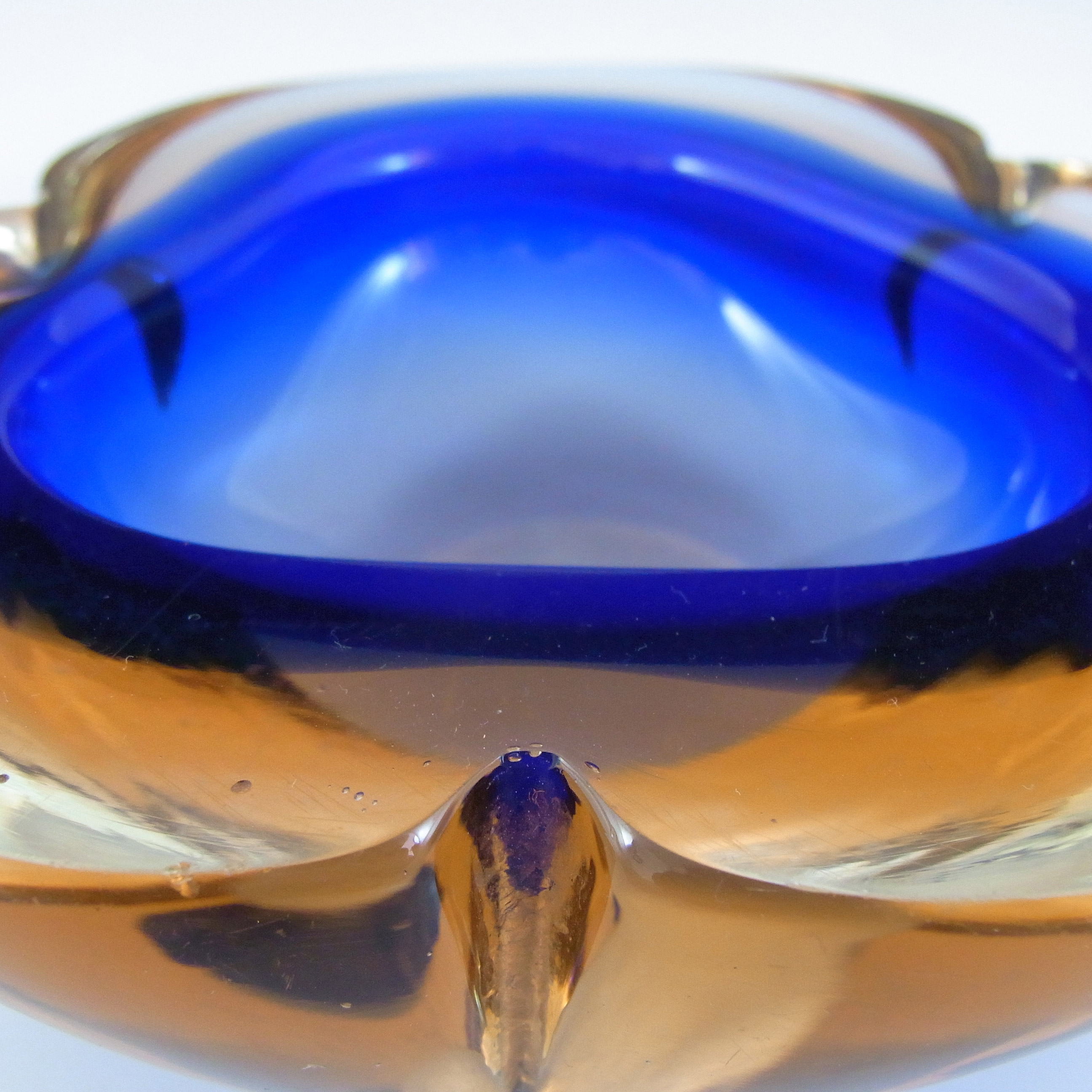 Murano Geode Blue & Amber Sommerso Glass Triangle Bowl - Click Image to Close