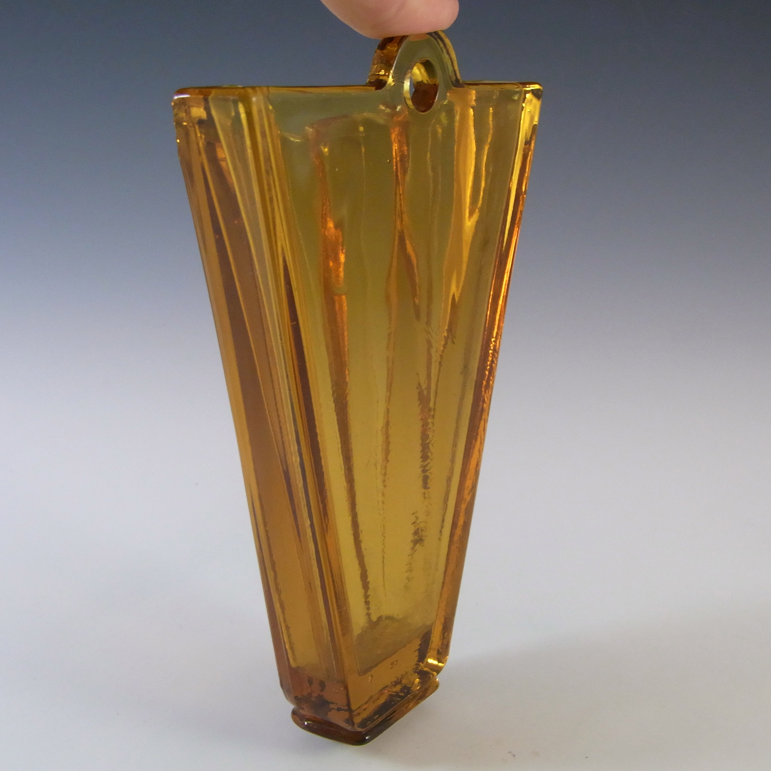 Bagley #334 Art Deco Vintage Amber Glass 'Grantham' Wall Vase - Click Image to Close