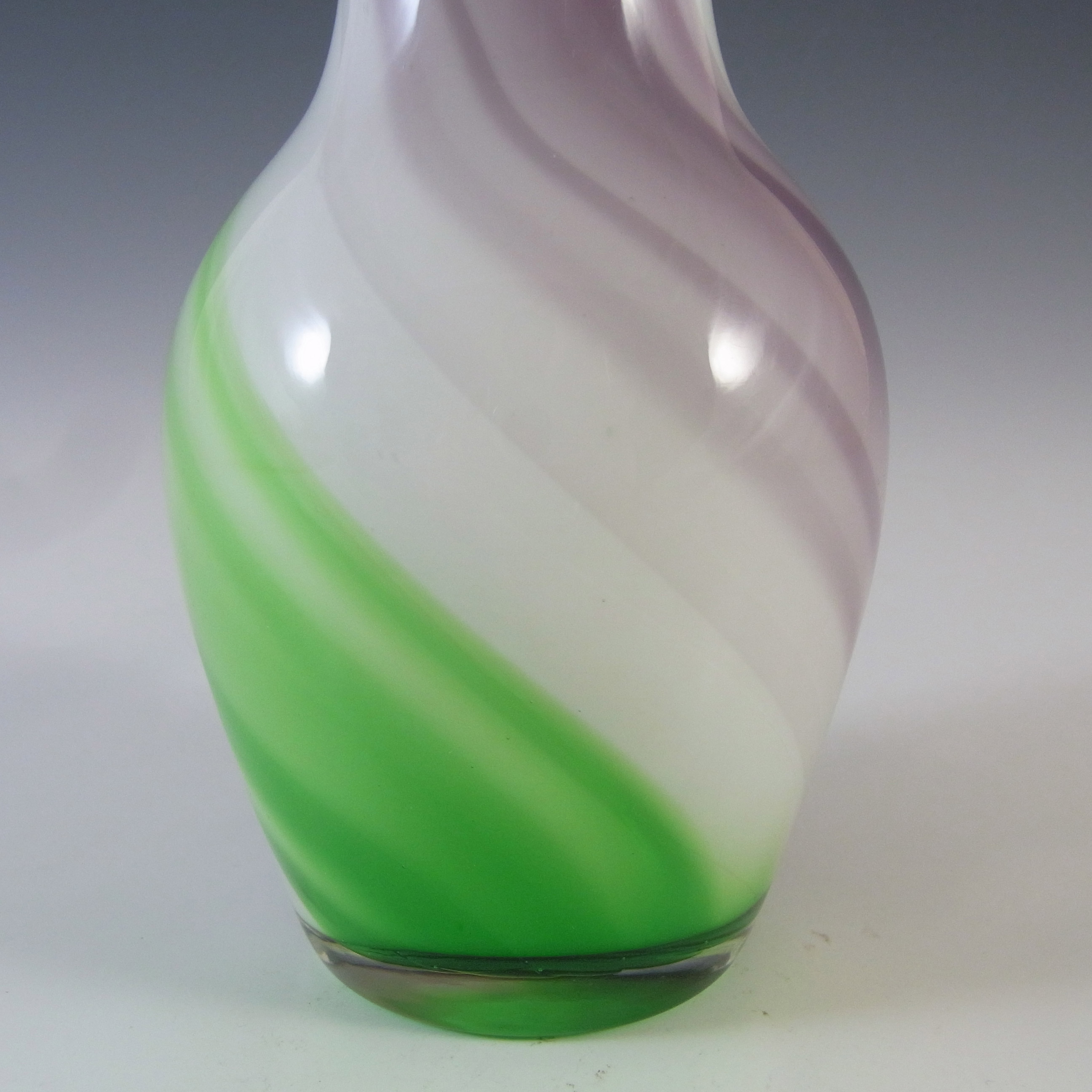 Japanese Purple, Green & White Vintage Glass Bud Vase - Click Image to Close