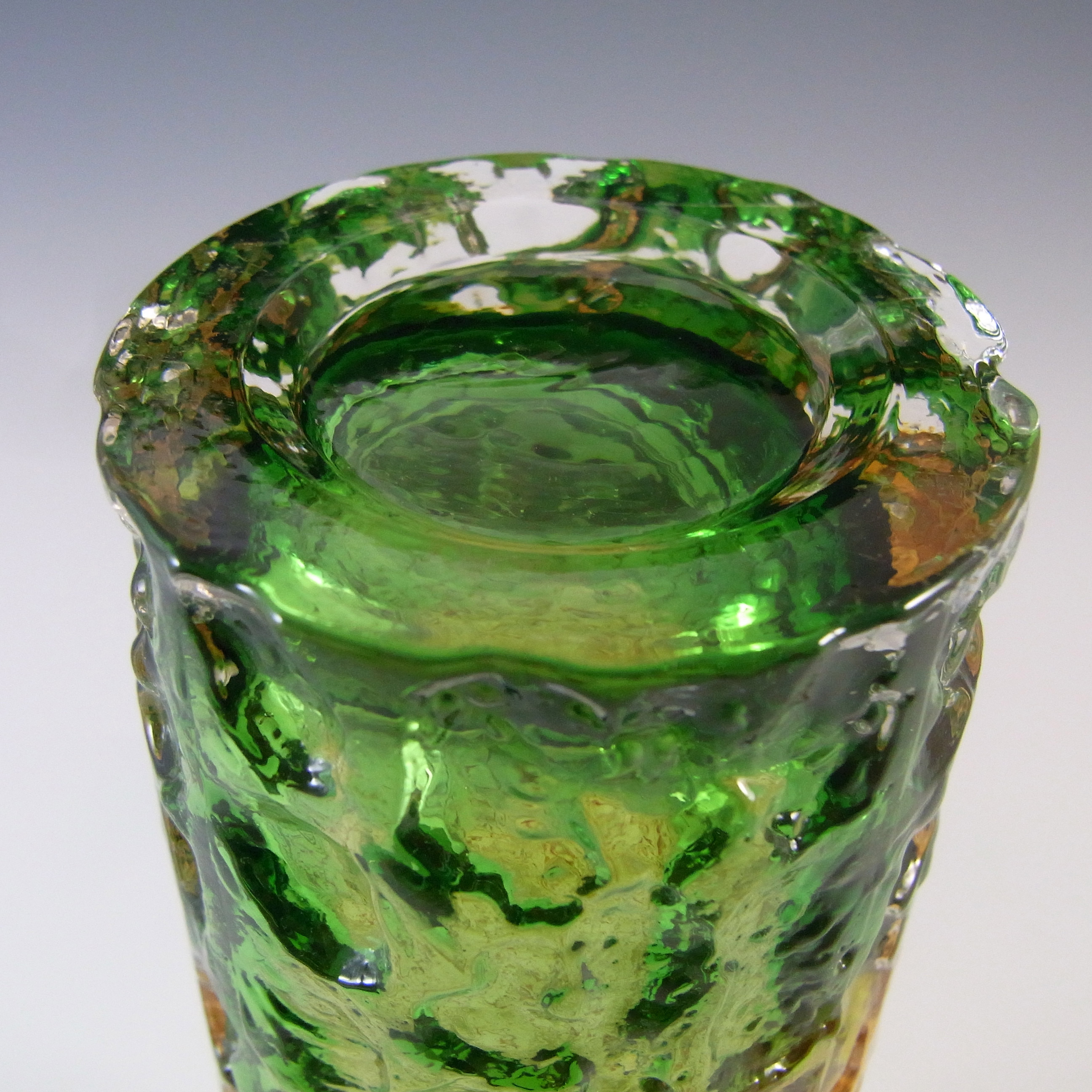 (image for) Tajima Japanese "Best Art Glass" Textured Bark Amber & Green Glass Vase - Click Image to Close