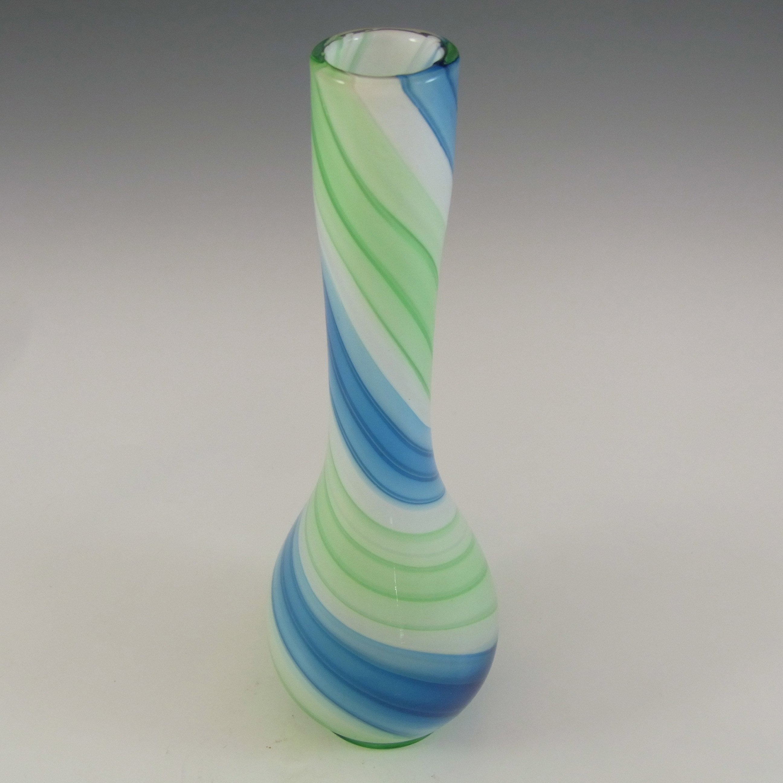 (image for) Japanese Blue, Green & White Vintage Glass Bud Vase - Click Image to Close