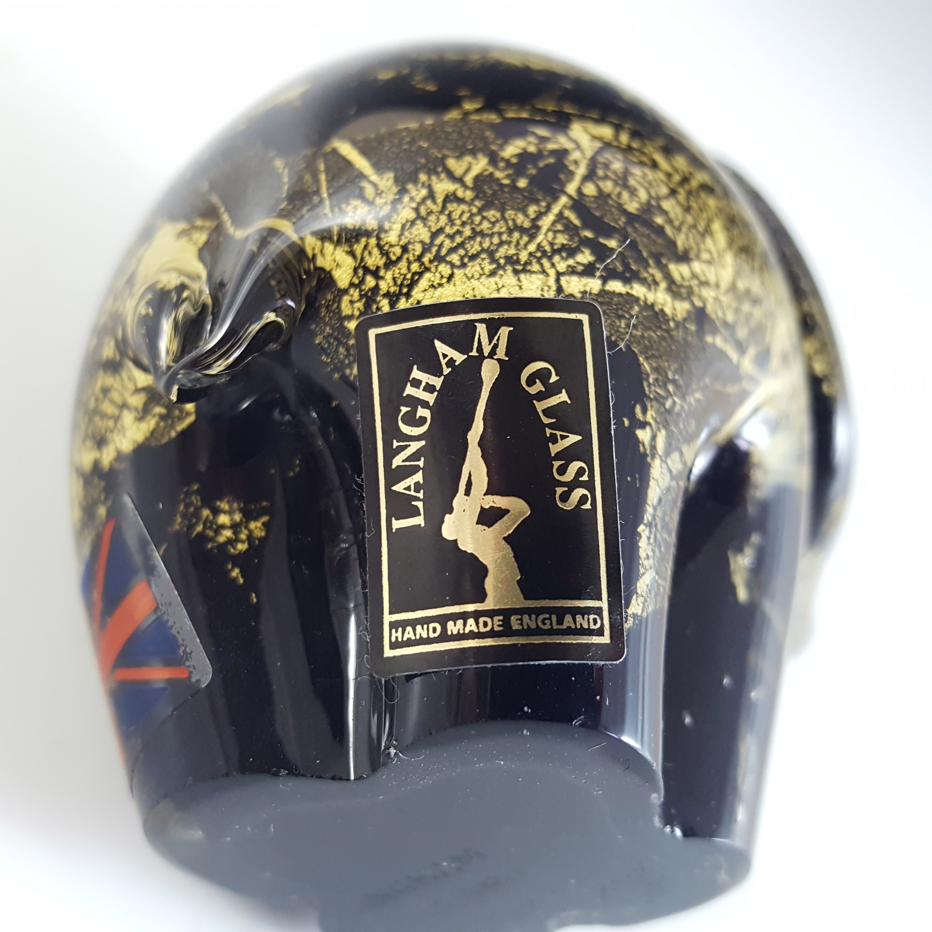 MARKED & LABELLED Langham Black & Gold Glass Elephant - Click Image to Close