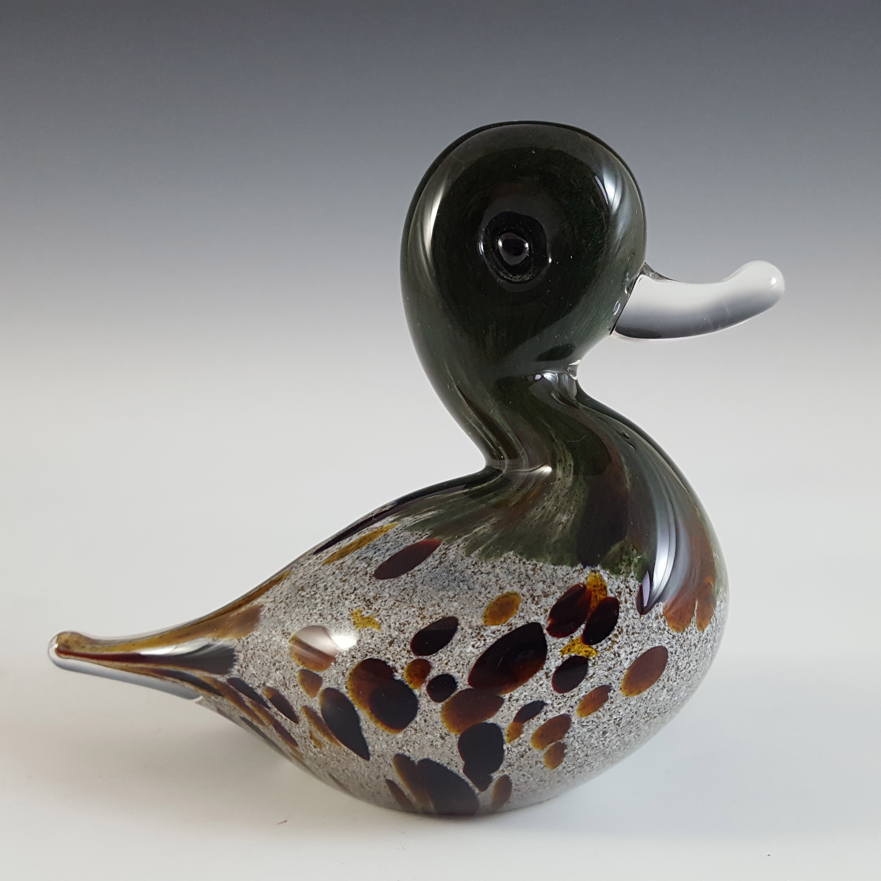 MARKED & LABELLED Langham Speckled Brown Glass Duck Sculpture - Click Image to Close