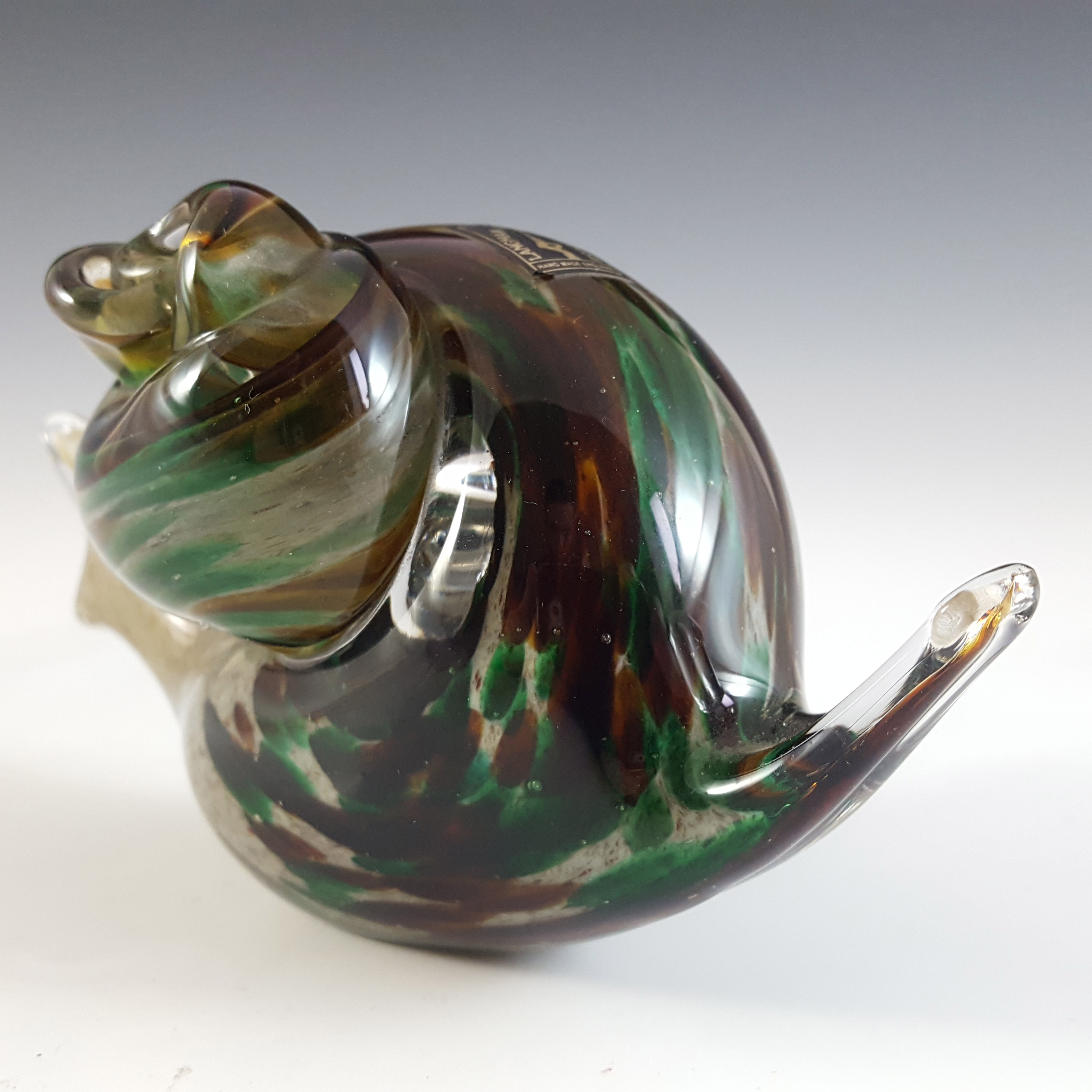 (image for) MARKED & LABELLED Langham Green & Brown Glass Snail Sculpture - Click Image to Close