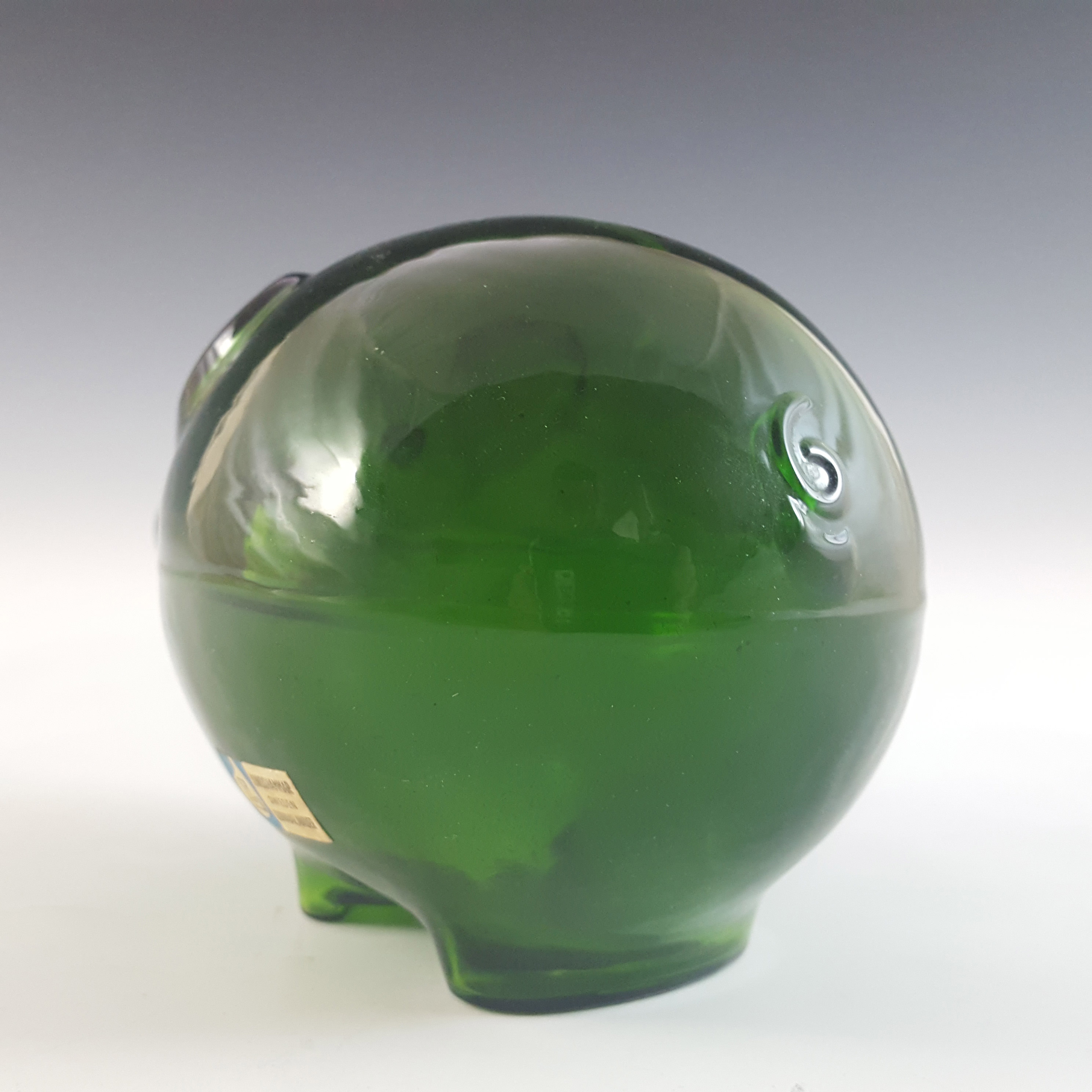 (image for) LABELLED Lindshammar Swedish Green Glass Piggy Bank / Pig - Click Image to Close