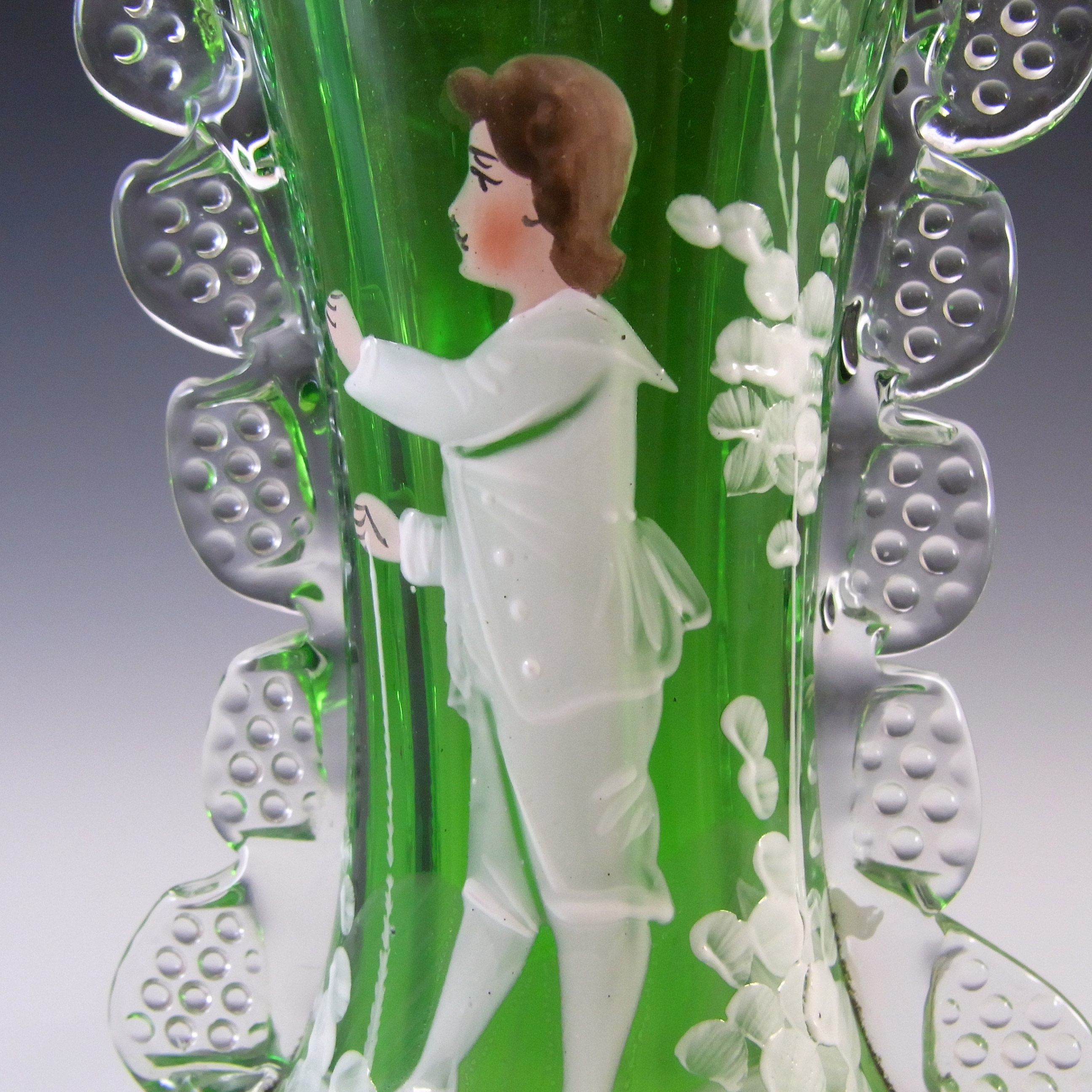 (image for) Mary Gregory Victorian Hand Enamelled Green Glass Vase - Click Image to Close