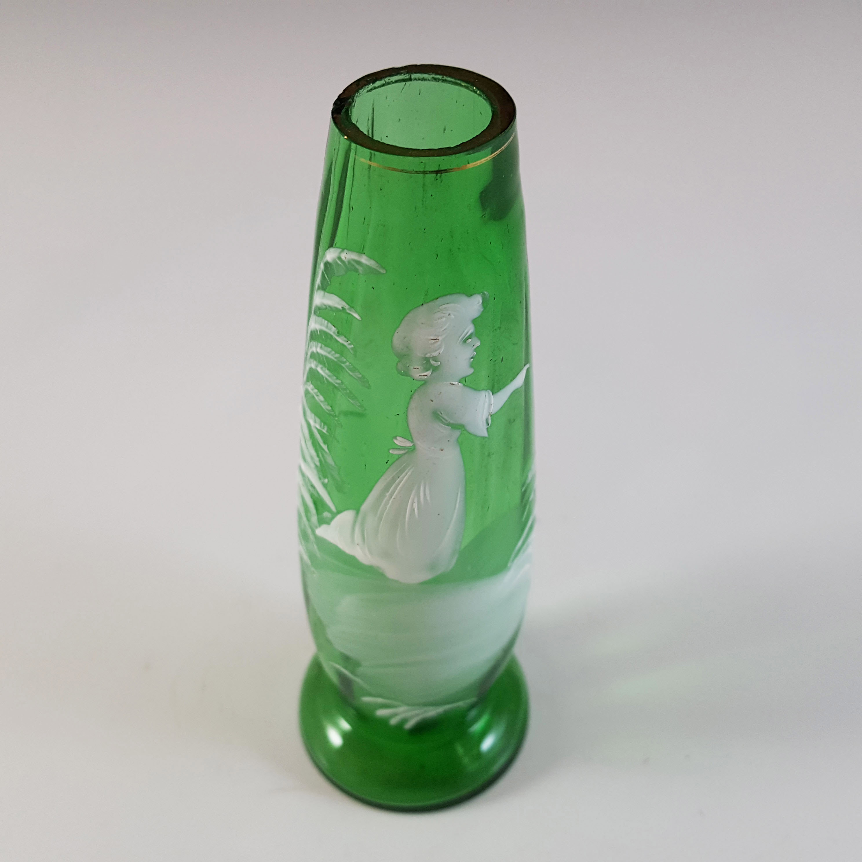(image for) Mary Gregory Victorian Hand Enamelled Green Glass Stem Vase - Click Image to Close