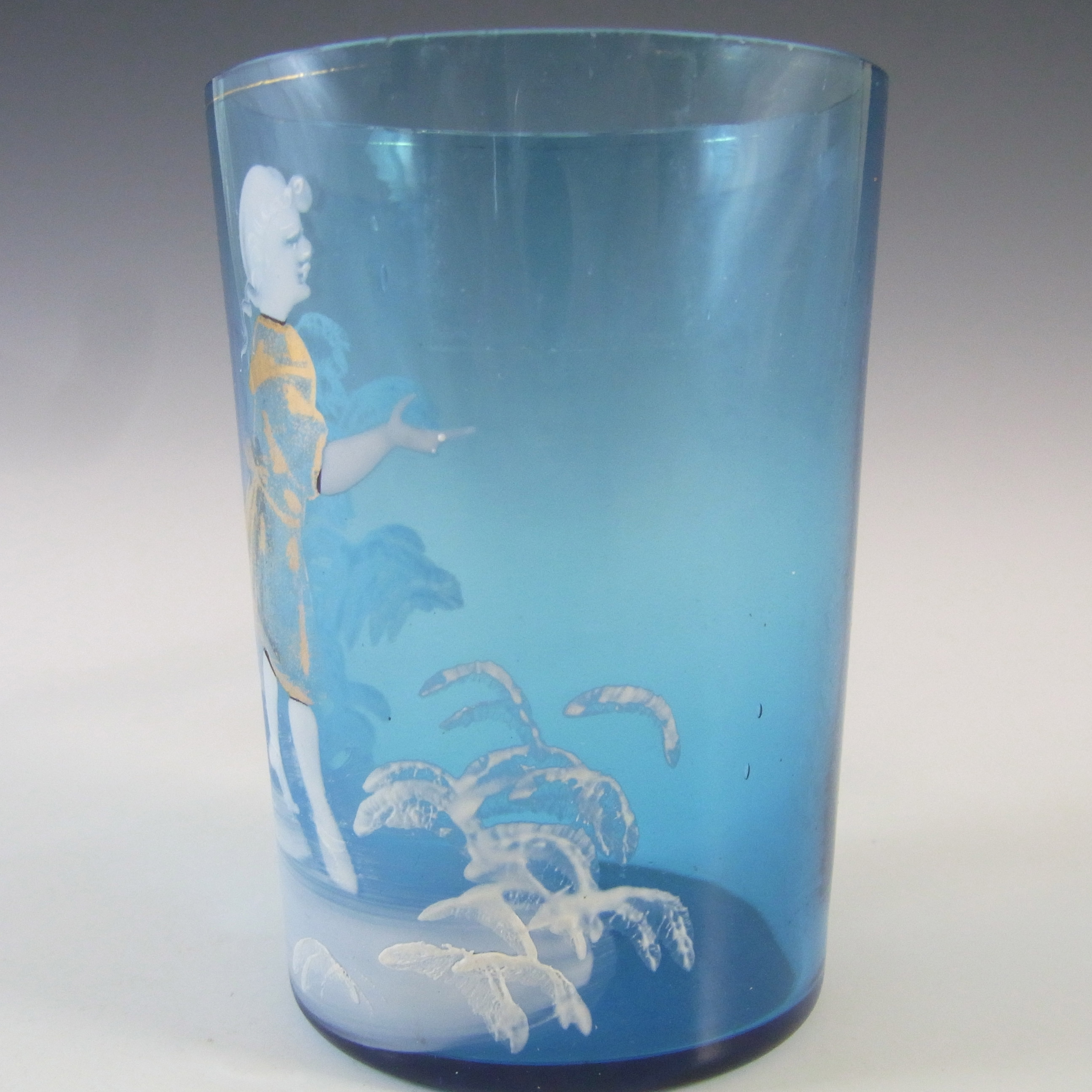 Mary Gregory Victorian Hand Enamelled Blue Glass Tumbler - Click Image to Close