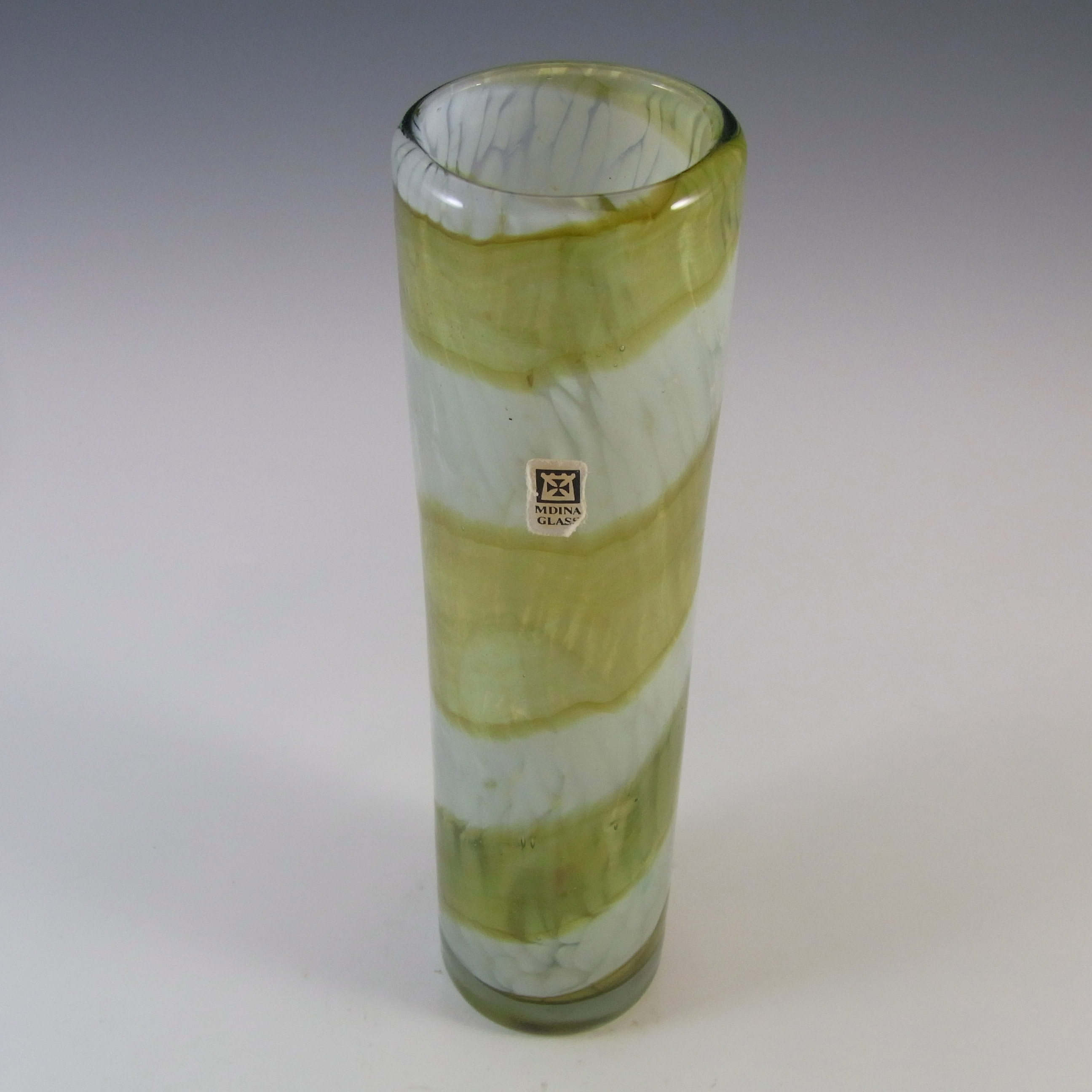 (image for) Mdina Maltese Green & White Striped Glass Vase - Signed - Click Image to Close