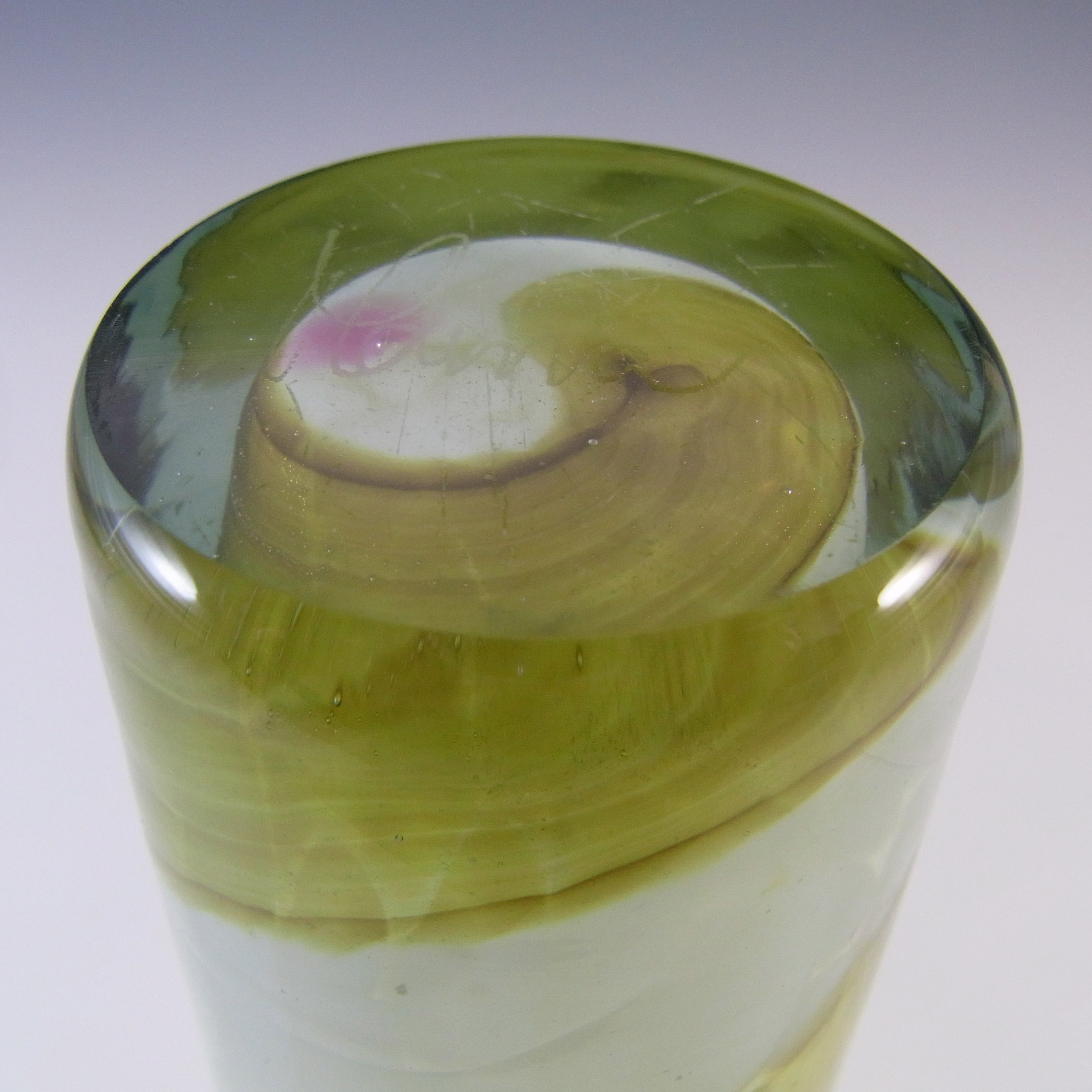 (image for) Mdina Maltese Green & White Striped Glass Vase - Signed - Click Image to Close
