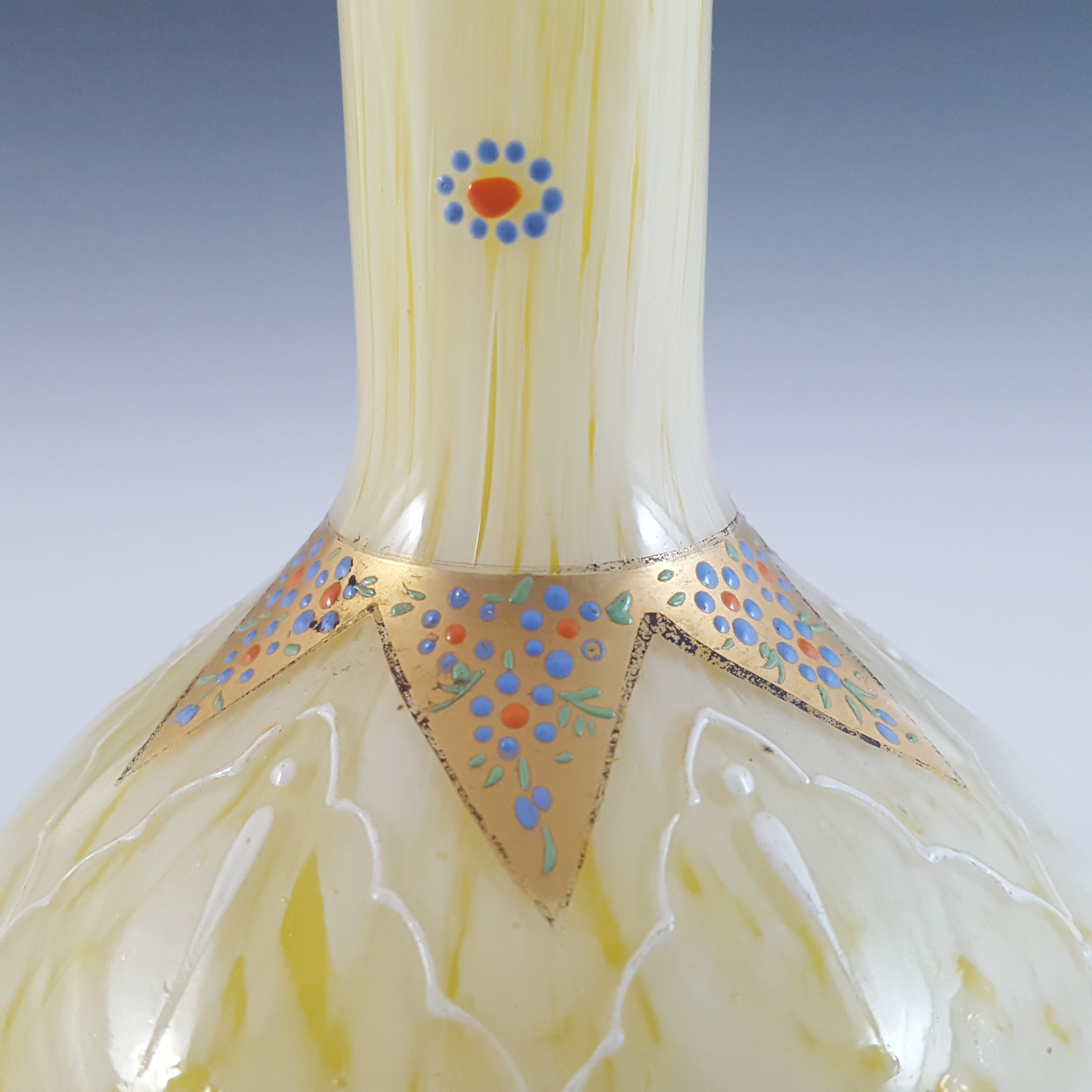 Welz Bohemian Lemon Yellow & White Spatter Glass Vase - Click Image to Close