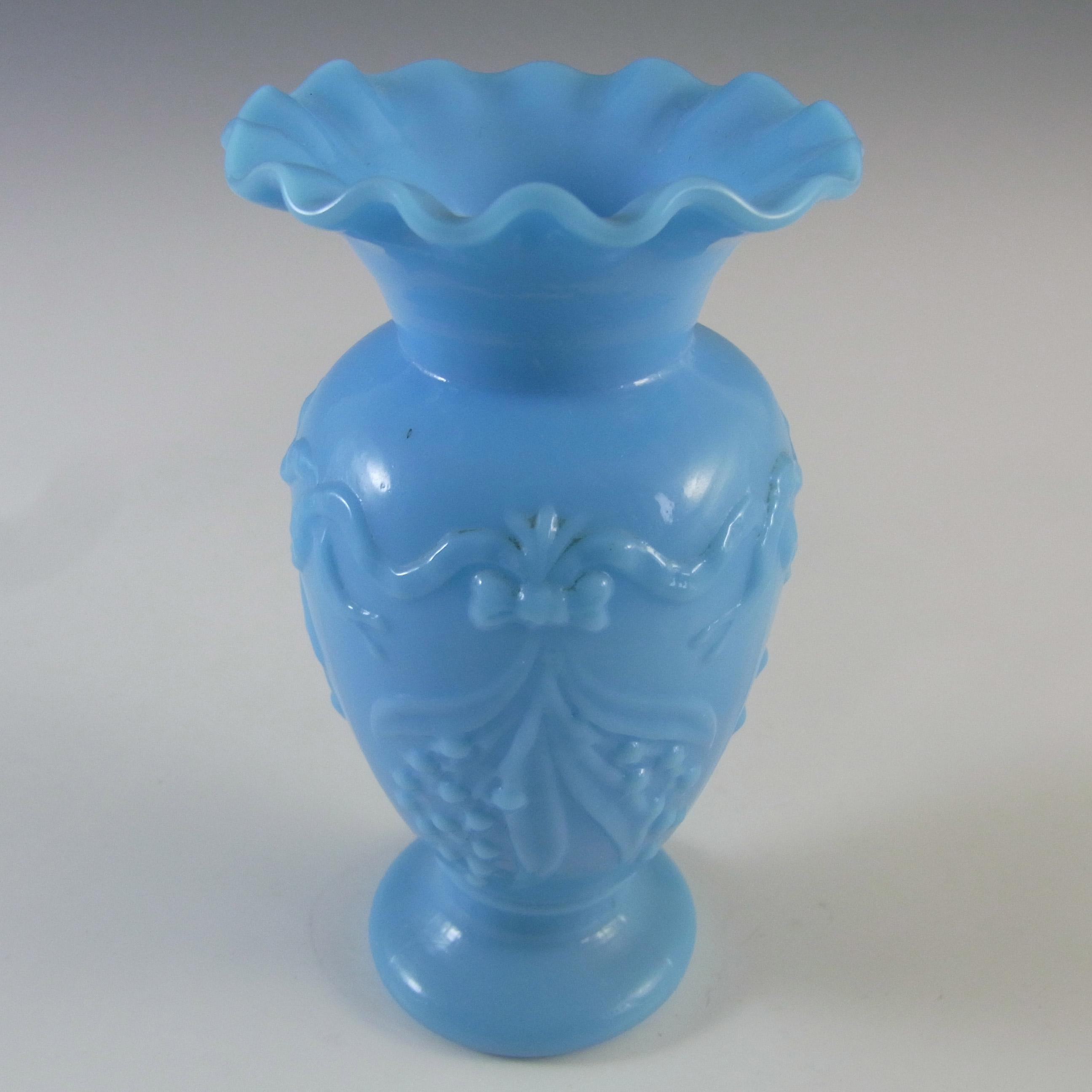(image for) French Victorian Vintage Blue Milk Glass 'Berry' Vase - Click Image to Close