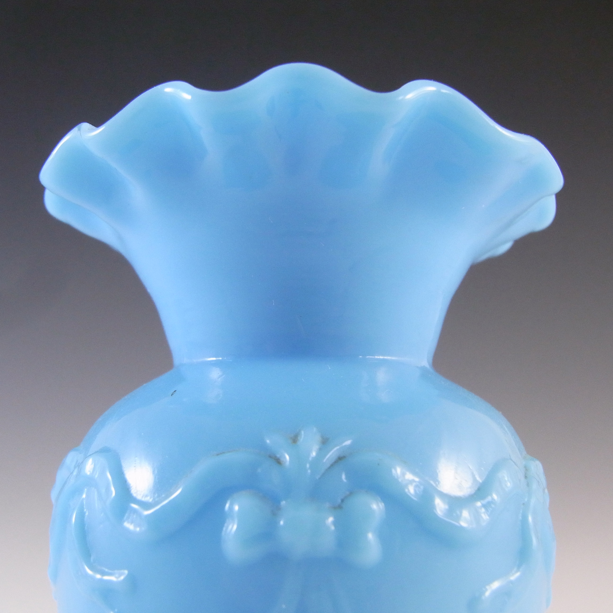 French Victorian Vintage Blue Milk Glass 'Berry' Vase - Click Image to Close