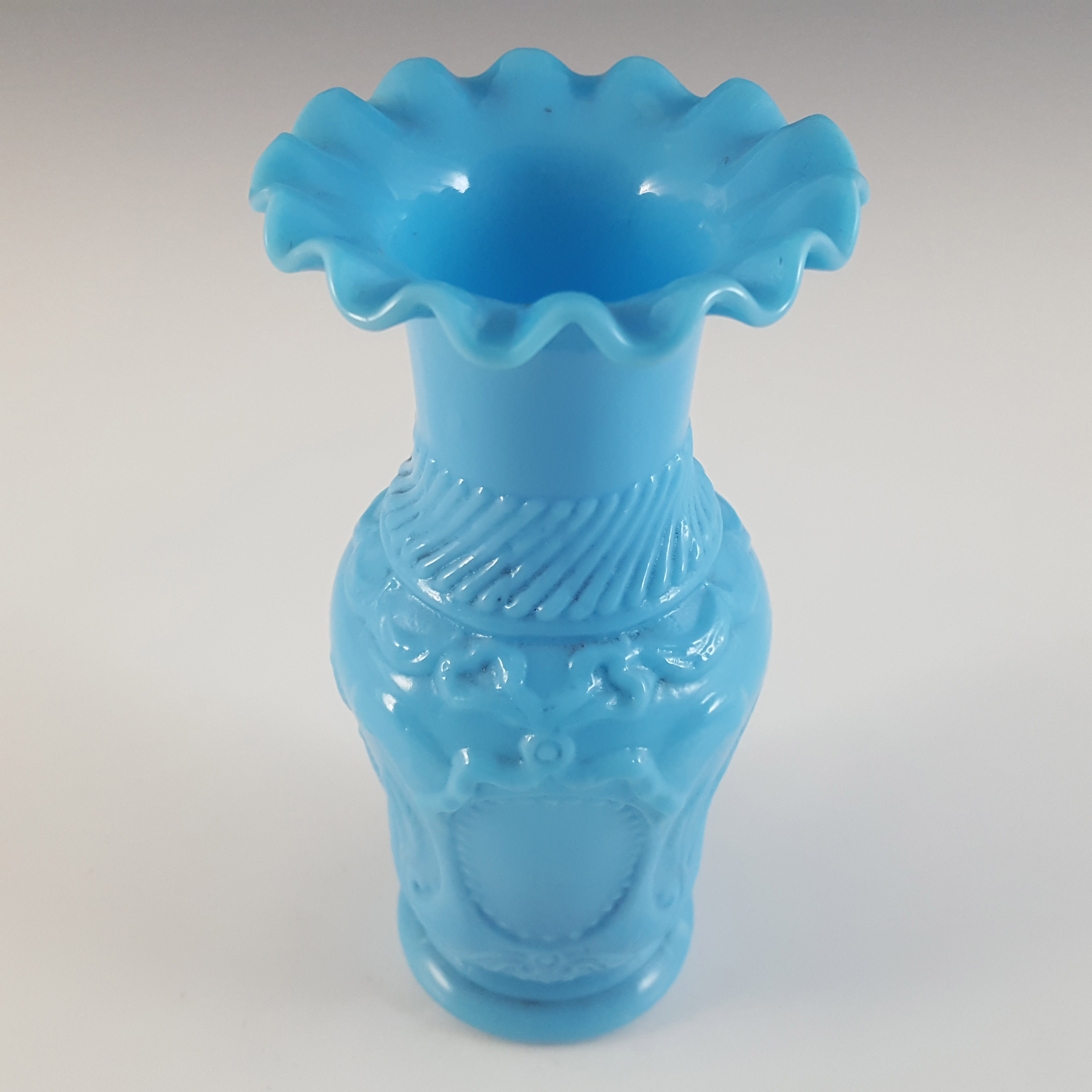 (image for) French Victorian Vintage Mould Blown Blue Milk Glass Vase - Click Image to Close