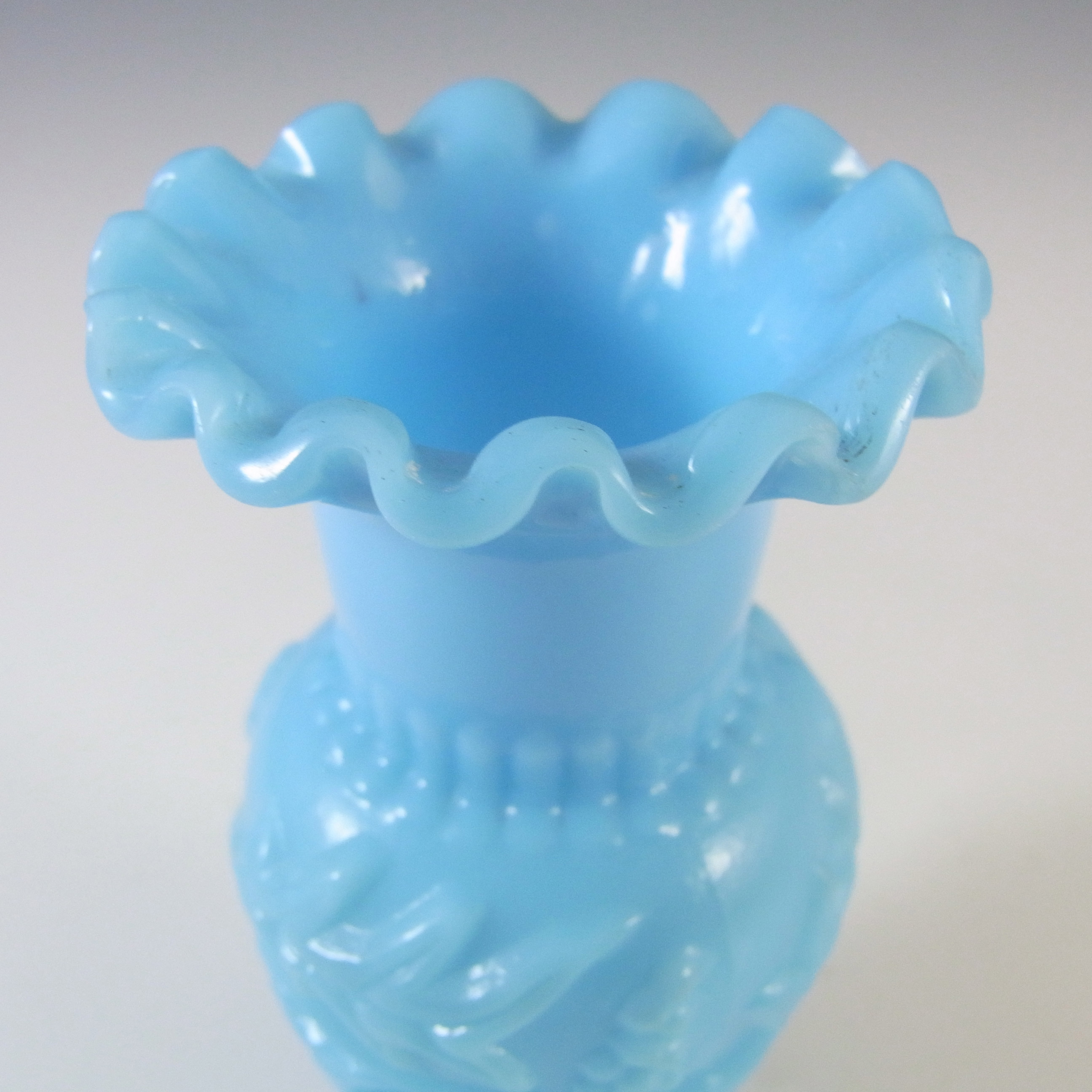 (image for) French Victorian Vintage Blue Milk Glass 'Leaf' Vase - Click Image to Close
