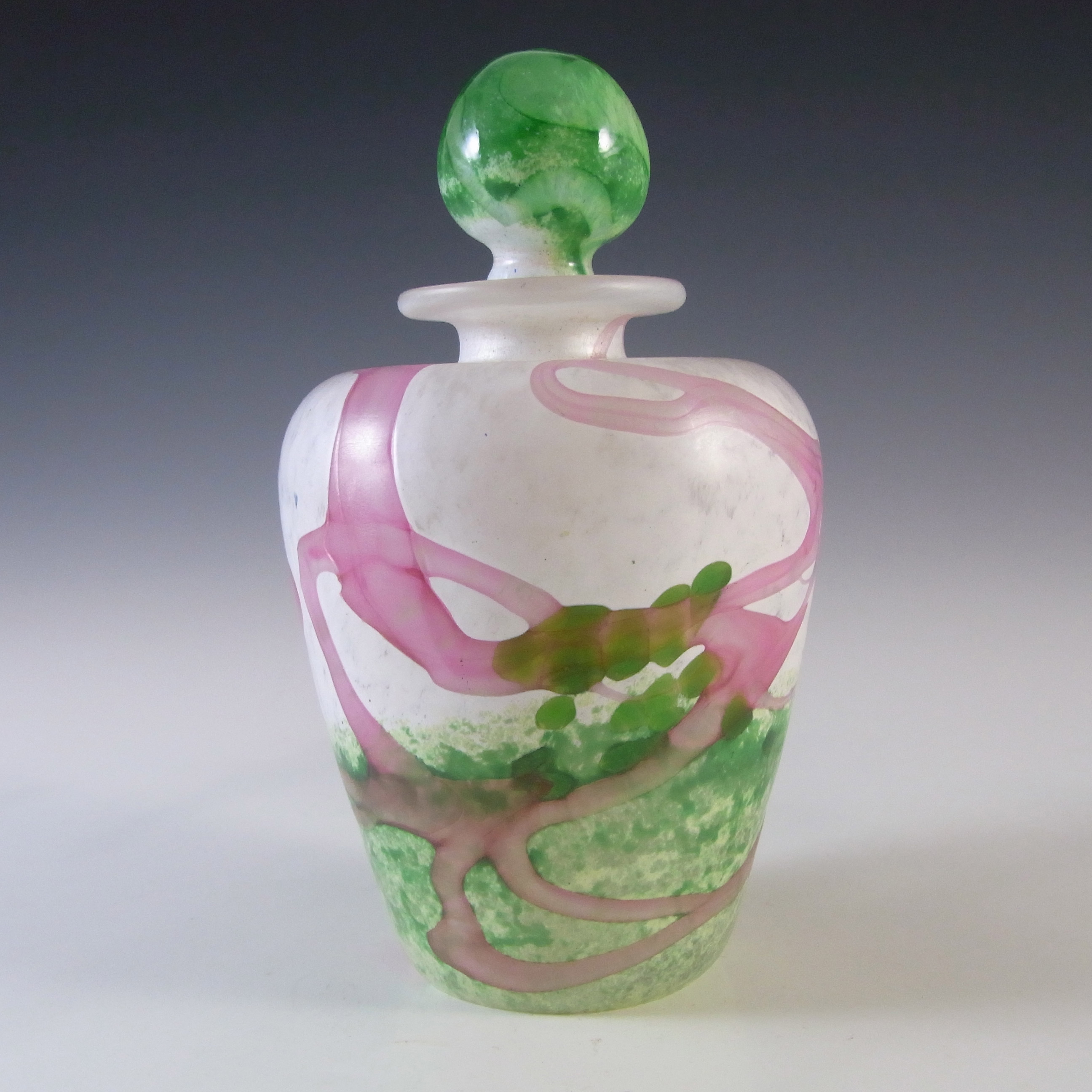 (image for) SIGNED Mtarfa Maltese Vintage Pink, Green & White Glass Bottle - Click Image to Close