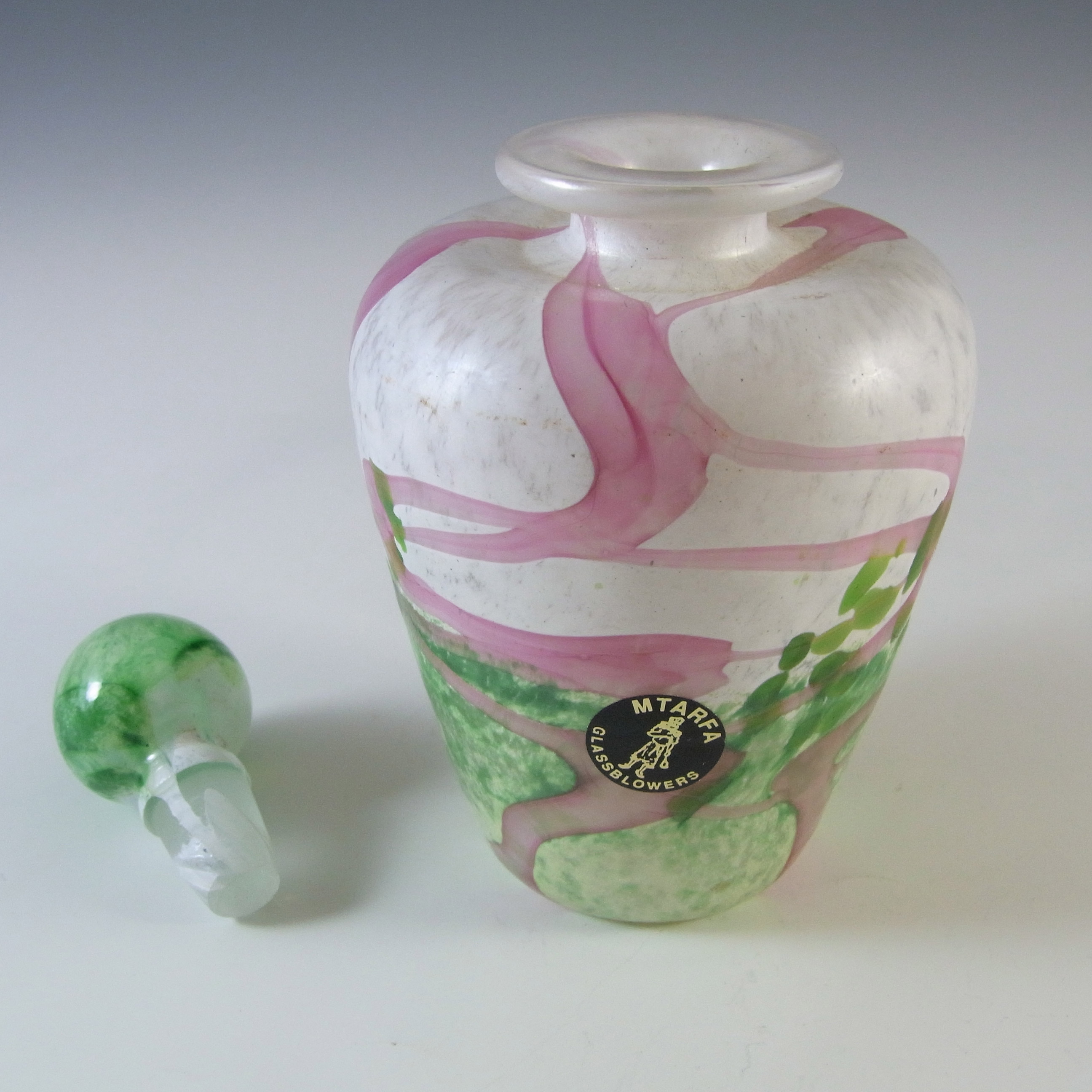 (image for) SIGNED Mtarfa Maltese Vintage Pink, Green & White Glass Bottle - Click Image to Close