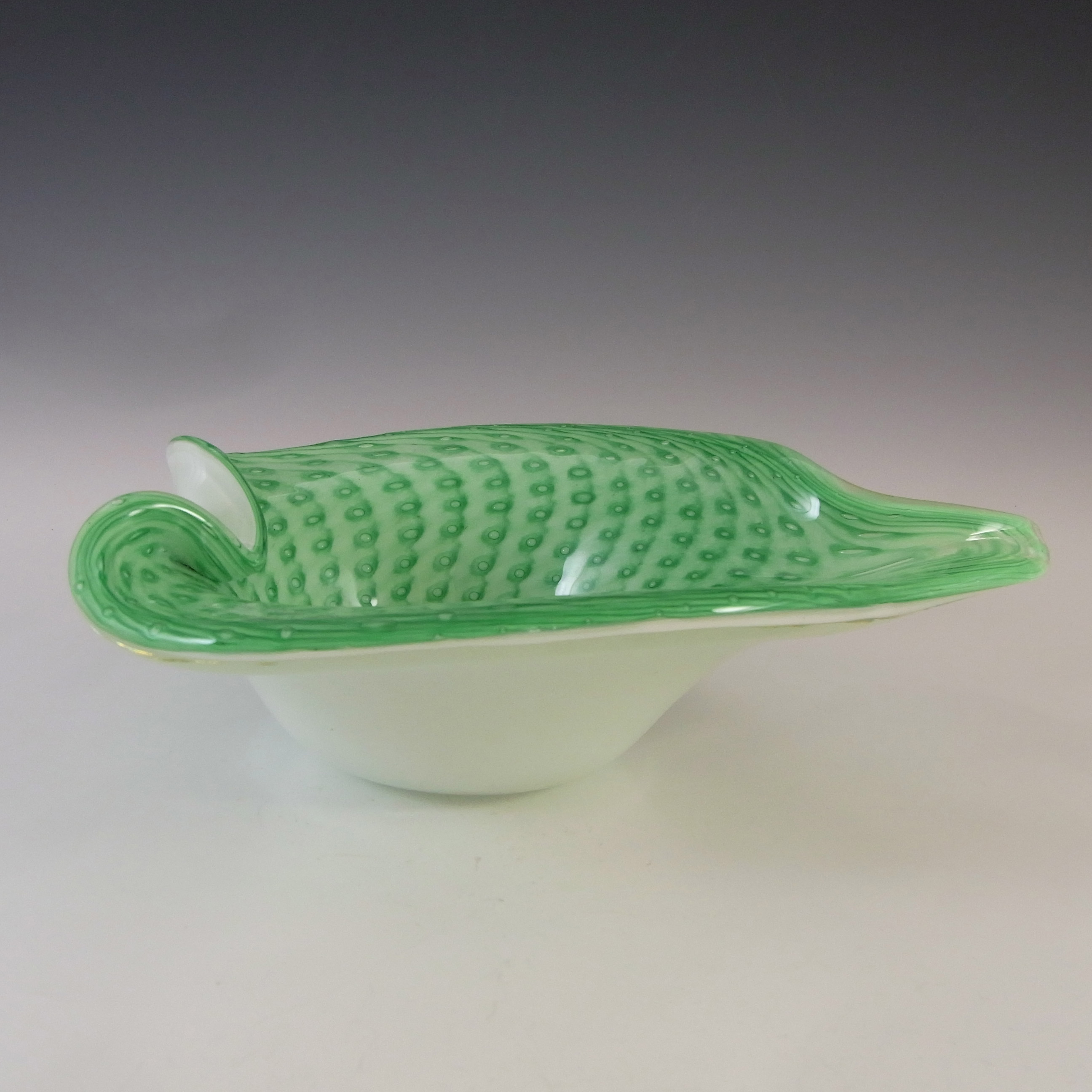 Murano / Venetian Green & White Cased Glass Bubble Bowl - Click Image to Close