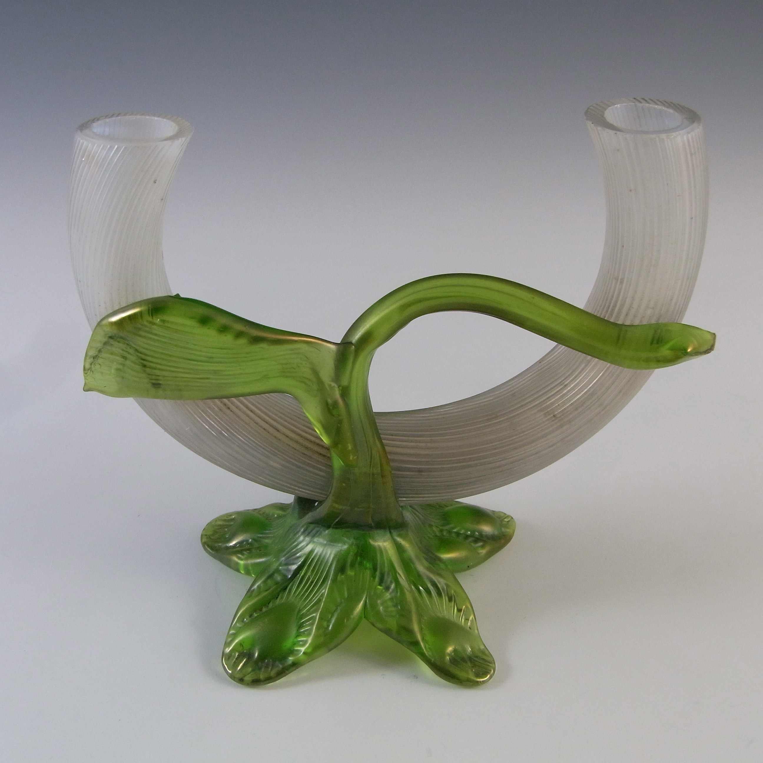 (image for) Kralik Art Nouveau Iridescent Glass Applied Leaf Twin Stem Vase - Click Image to Close