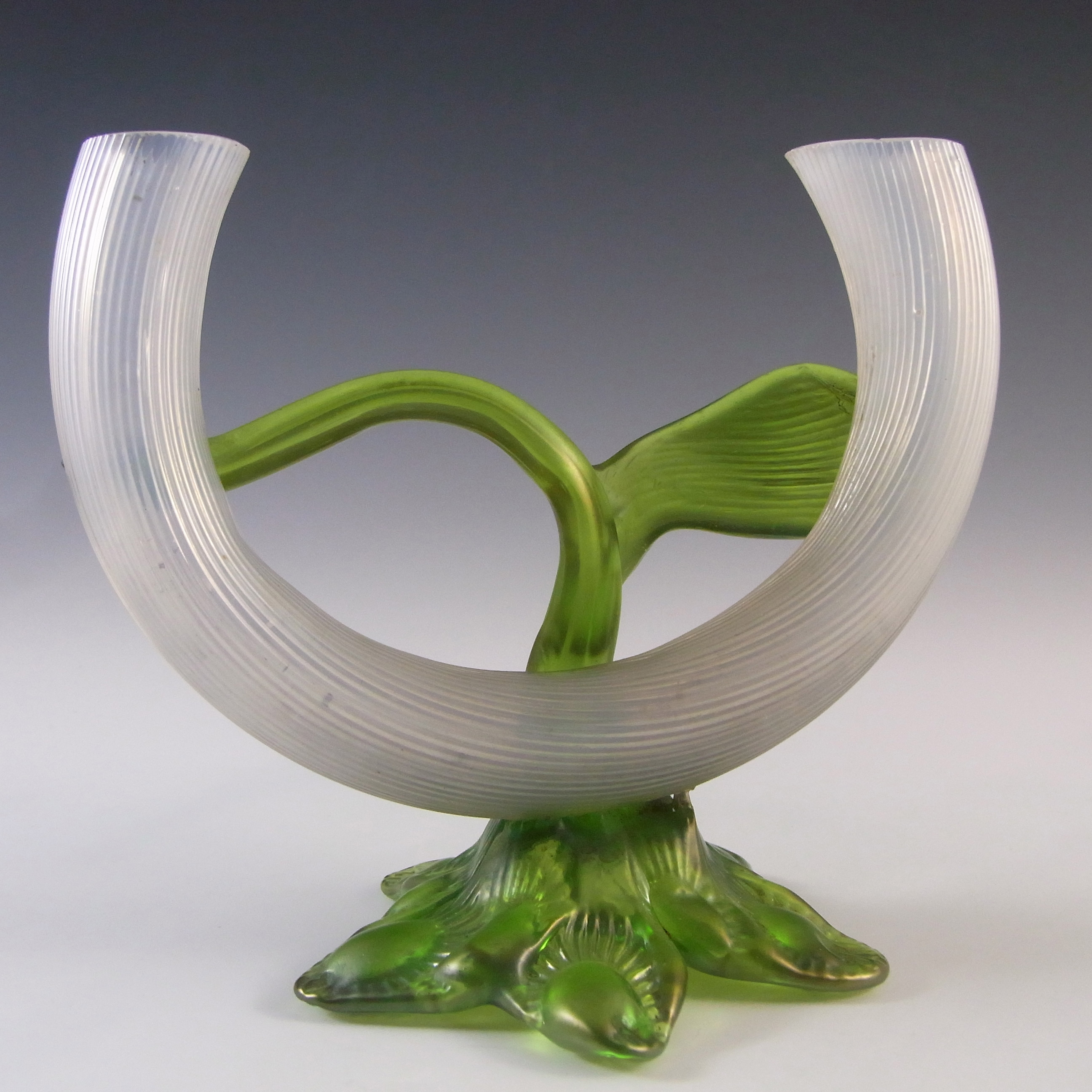 (image for) Kralik Art Nouveau Iridescent Glass Applied Leaf Twin Stem Vase - Click Image to Close