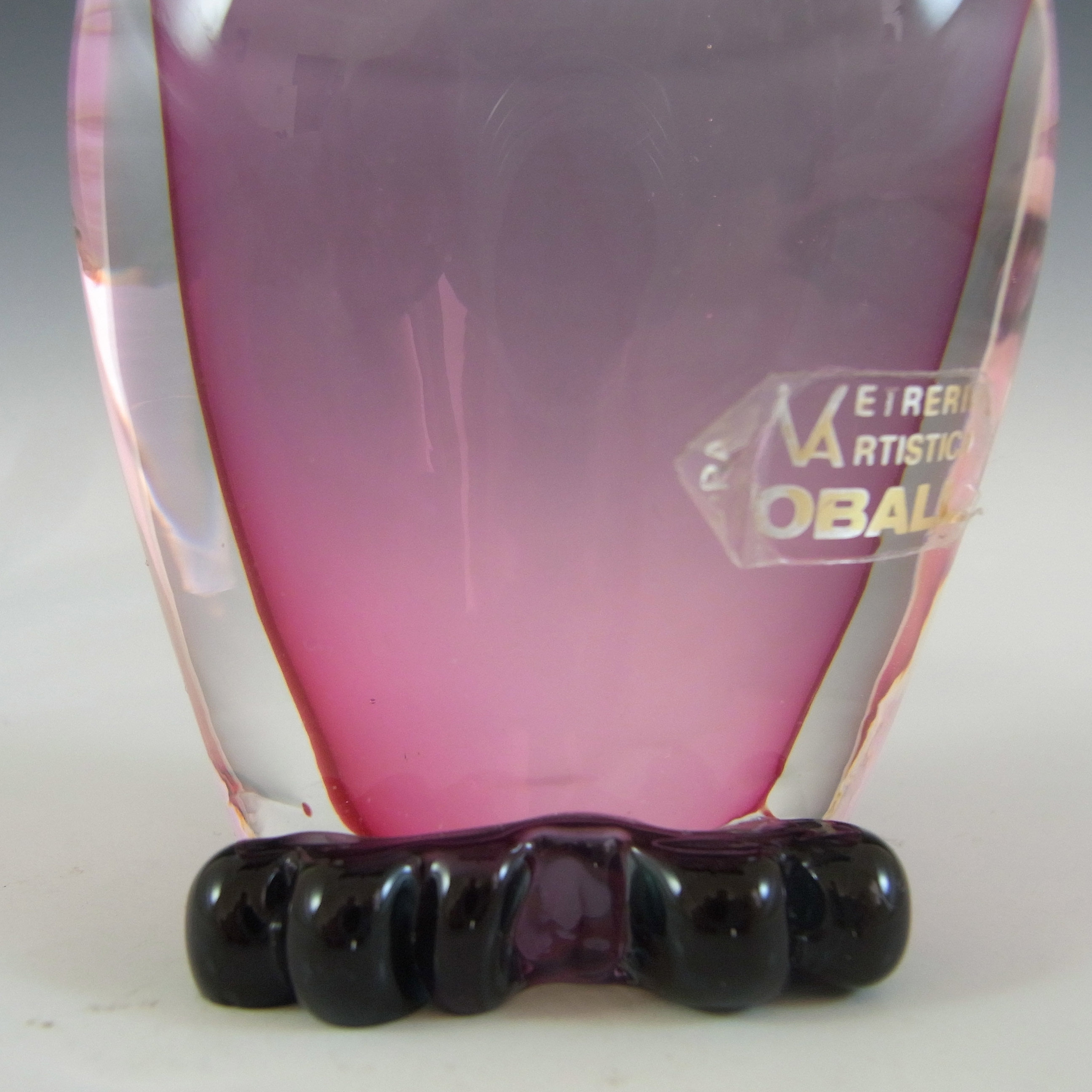 (image for) SIGNED Oball Murano Pink & Black Sommerso Glass Owl Figurine - Click Image to Close