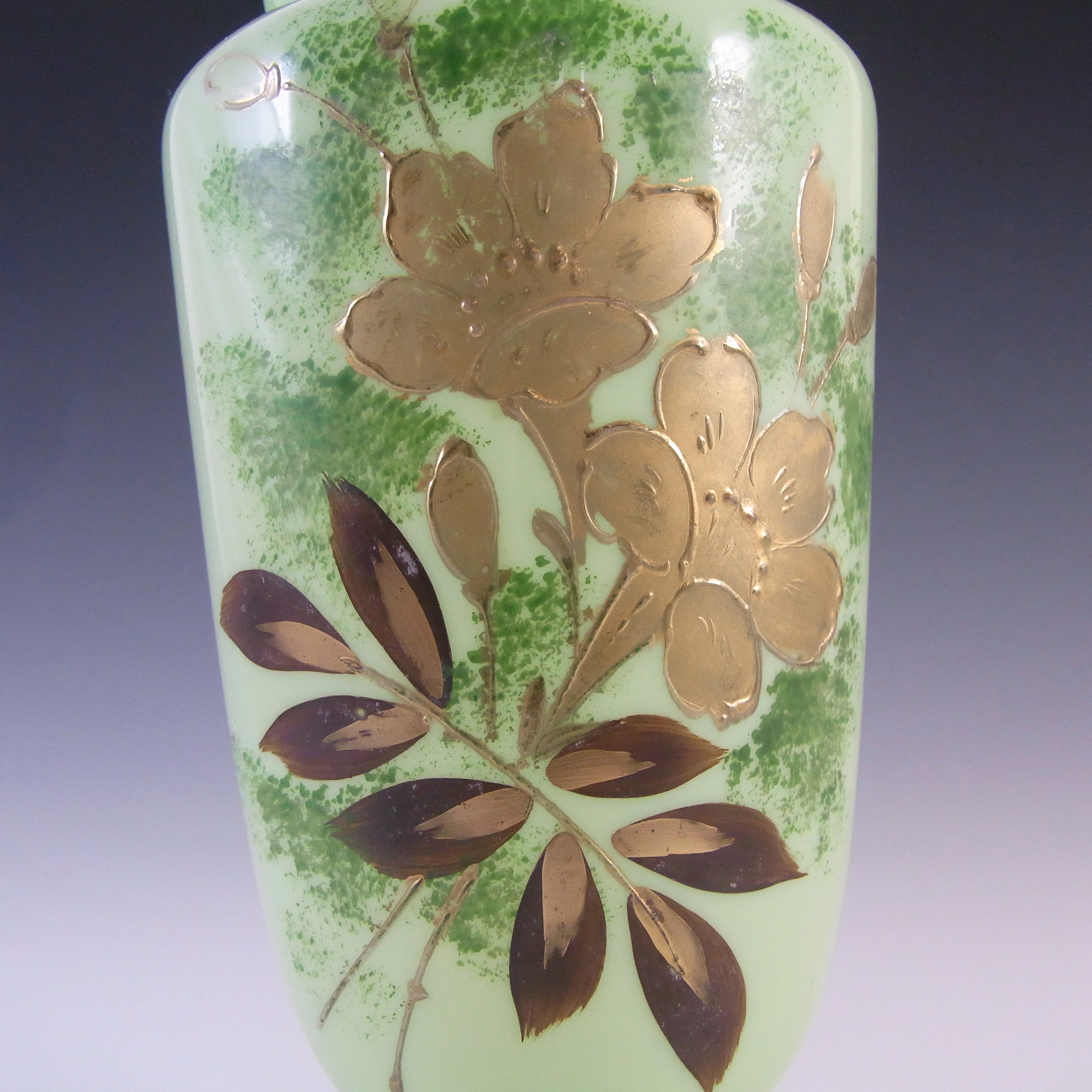 Victorian Hand Painted / Enamelled Opaque Green Glass Vase - Click Image to Close