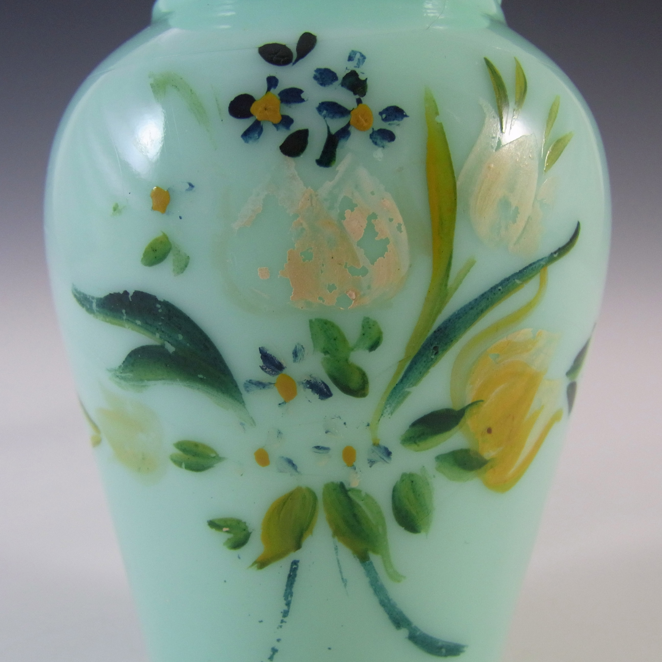 (image for) Victorian Floral Hand Painted / Enamelled Green Glass Vase - Click Image to Close