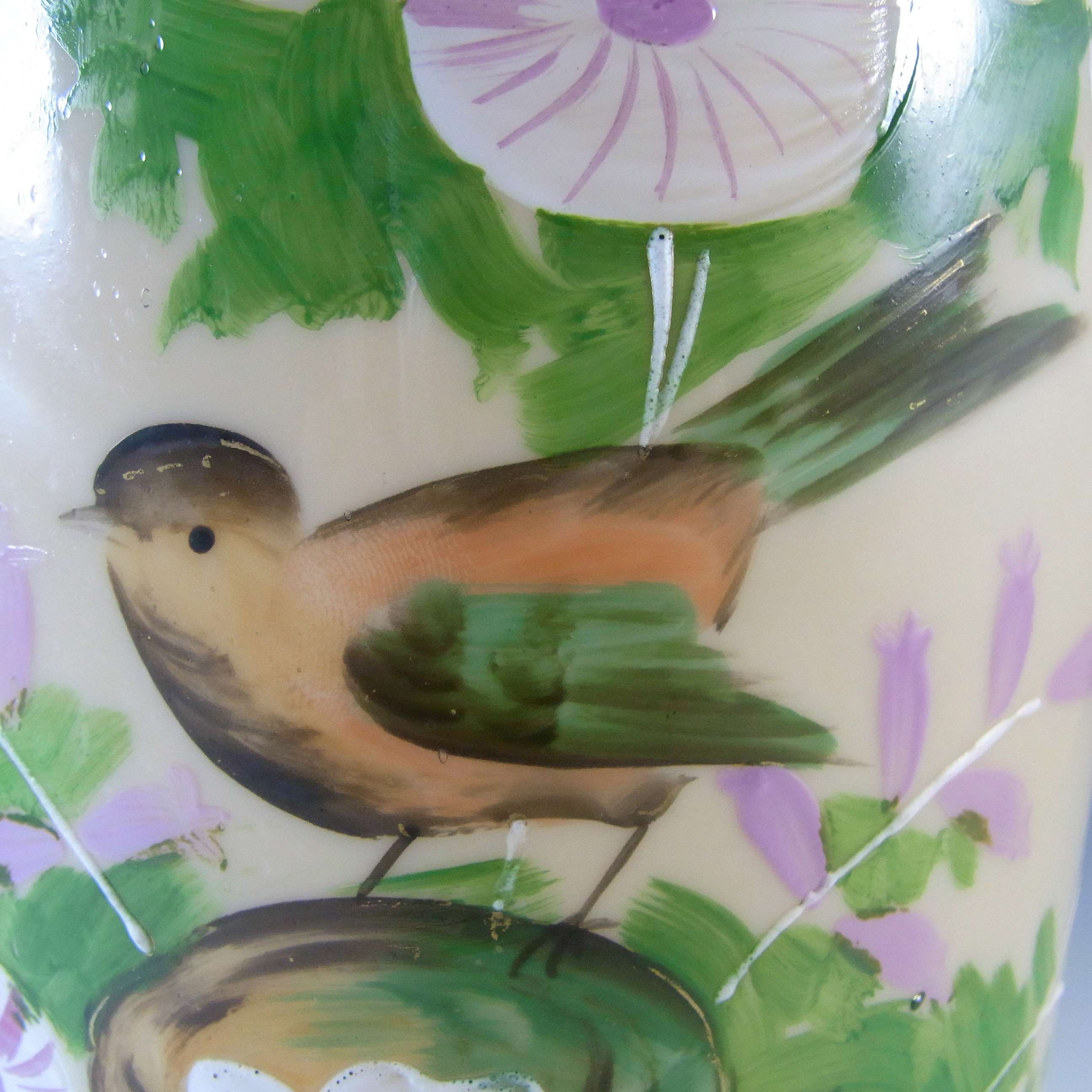 (image for) Victorian LARGE Hand Painted / Enamelled Glass Bird Vase - Click Image to Close