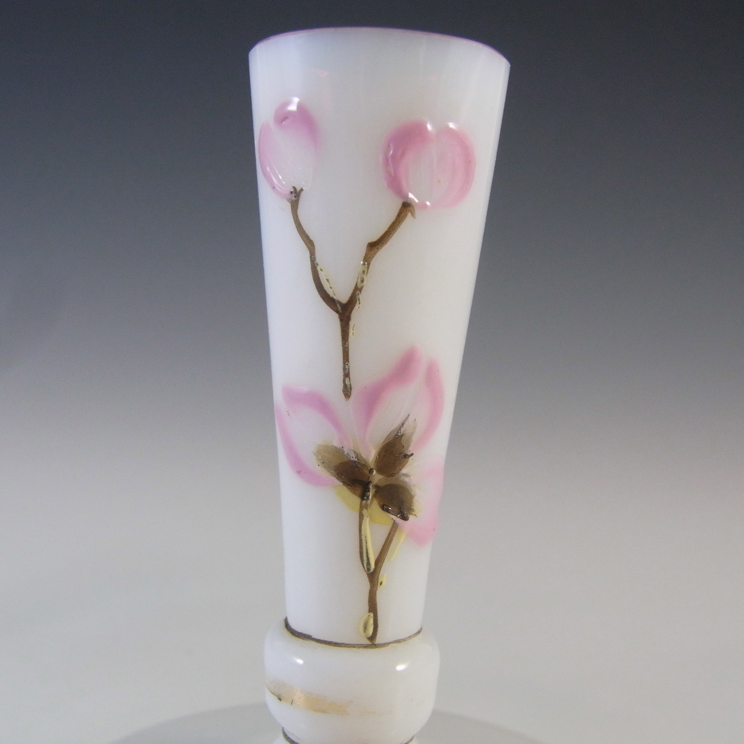 (image for) Victorian Hand Painted / Enamelled Opal White Glass Vase - Click Image to Close