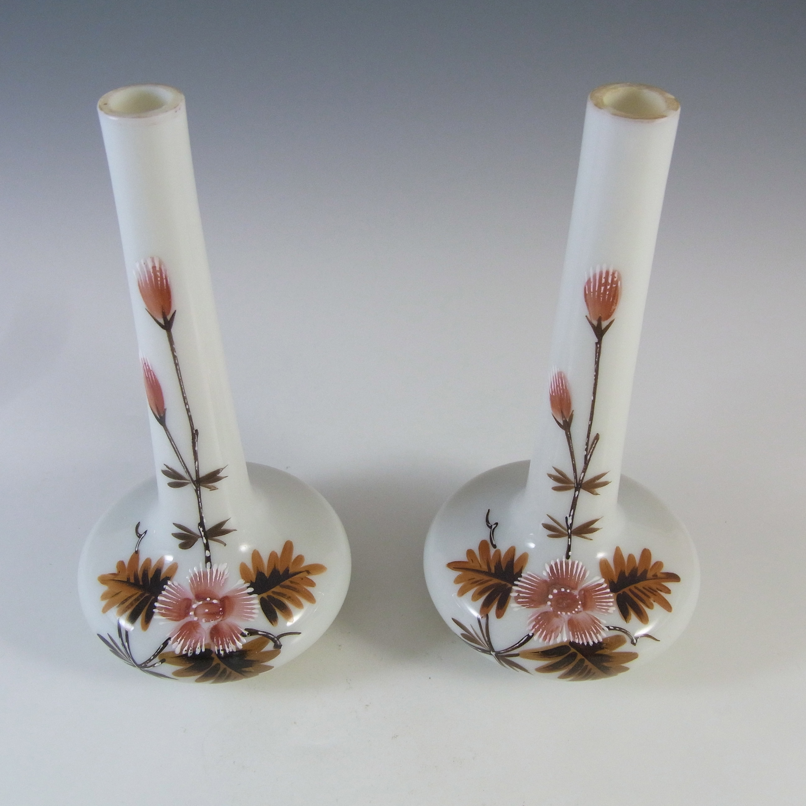 (image for) Victorian Pair of Hand Painted / Enamelled Opal Glass Vases - Click Image to Close