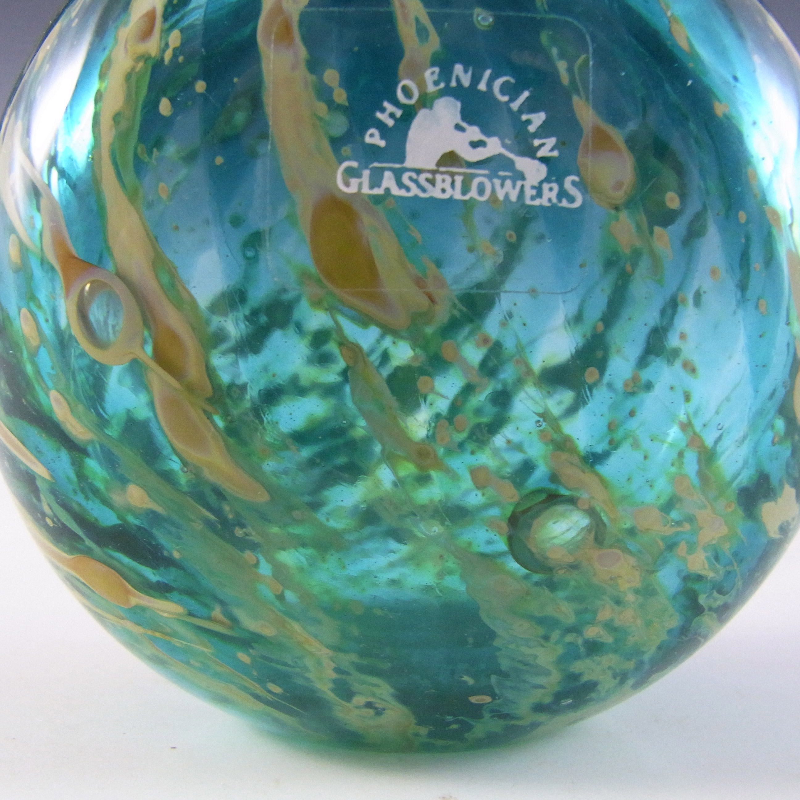 SIGNED & LABELLED Phoenician Vintage Blue & Yellow Glass Vase - Click Image to Close