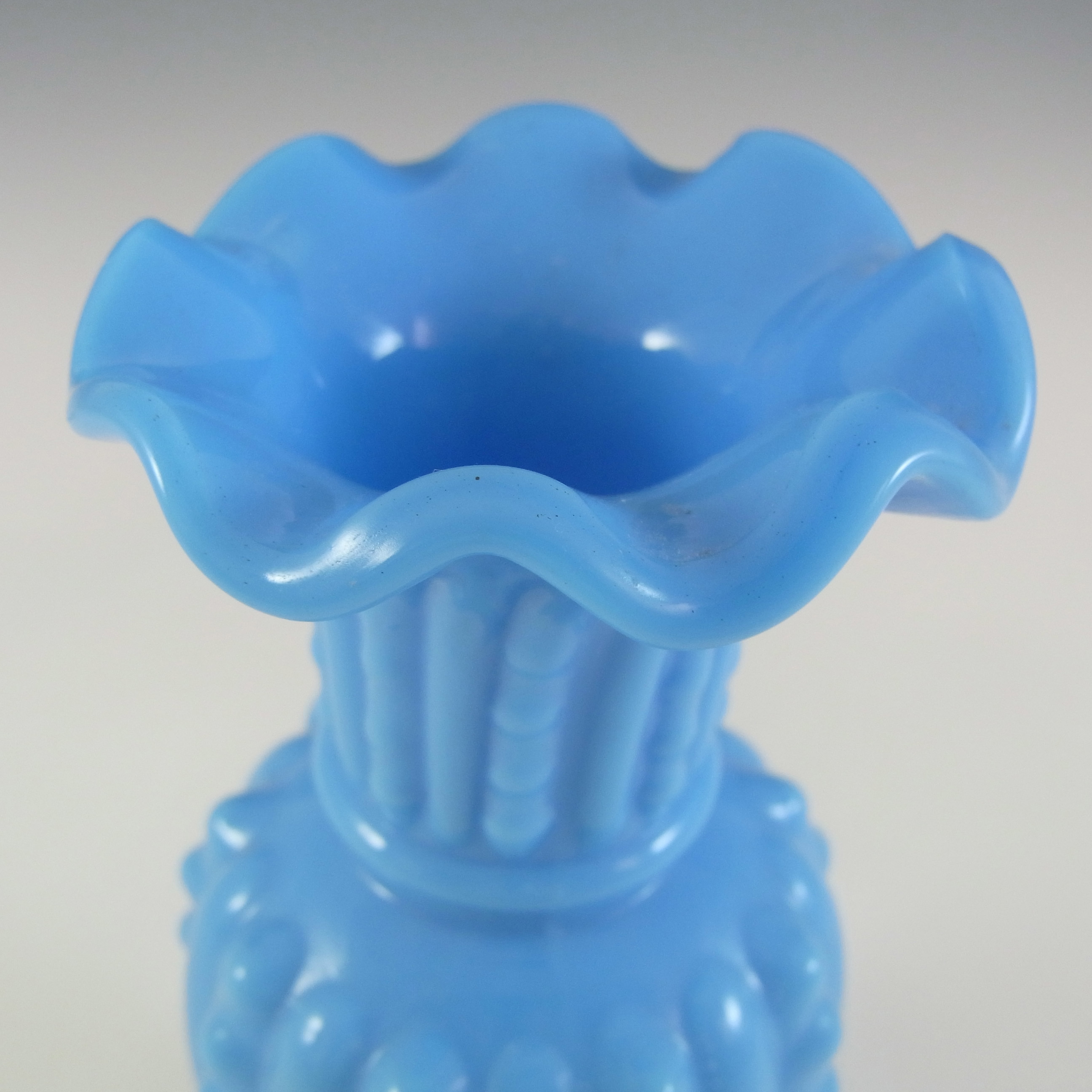 (image for) French Victorian Vintage Mould Blown Blue Milk Glass Vase - Click Image to Close
