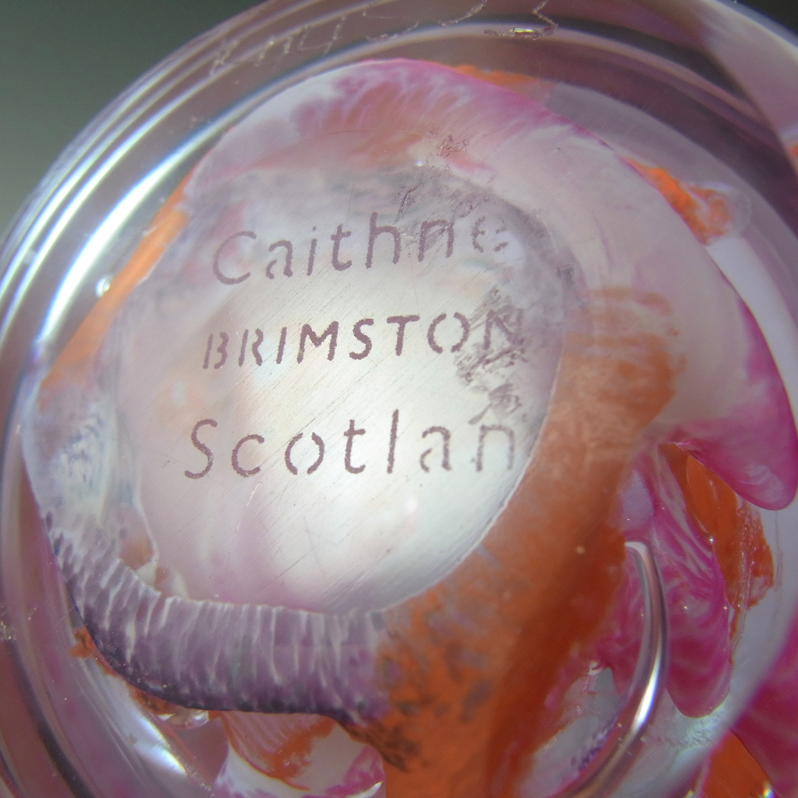 MARKED Caithness Red, Pink & Purple Glass "Brimstone" Paperweight - Click Image to Close