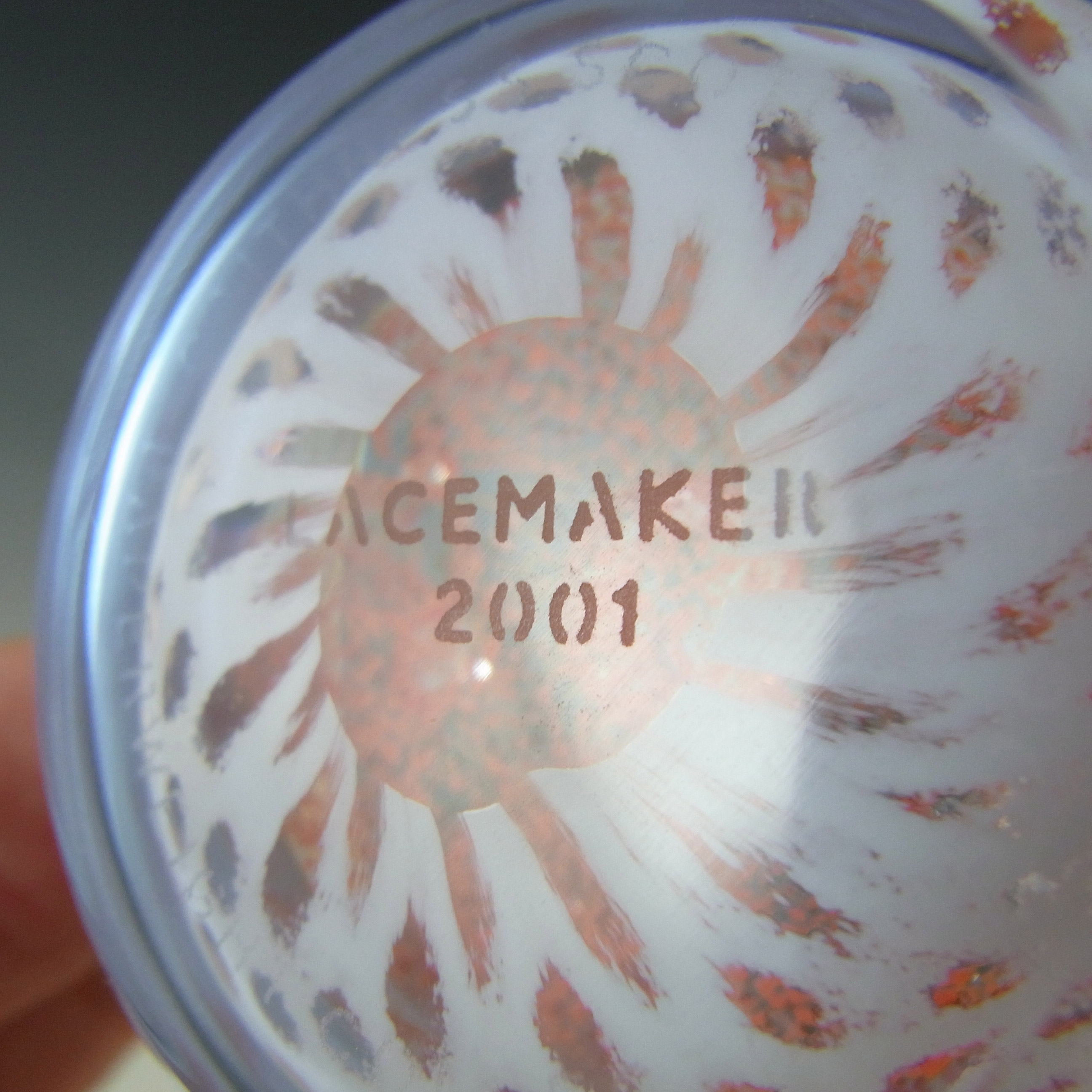 MARKED Caithness Orange & White Glass "Lacemaker" Paperweight - Click Image to Close