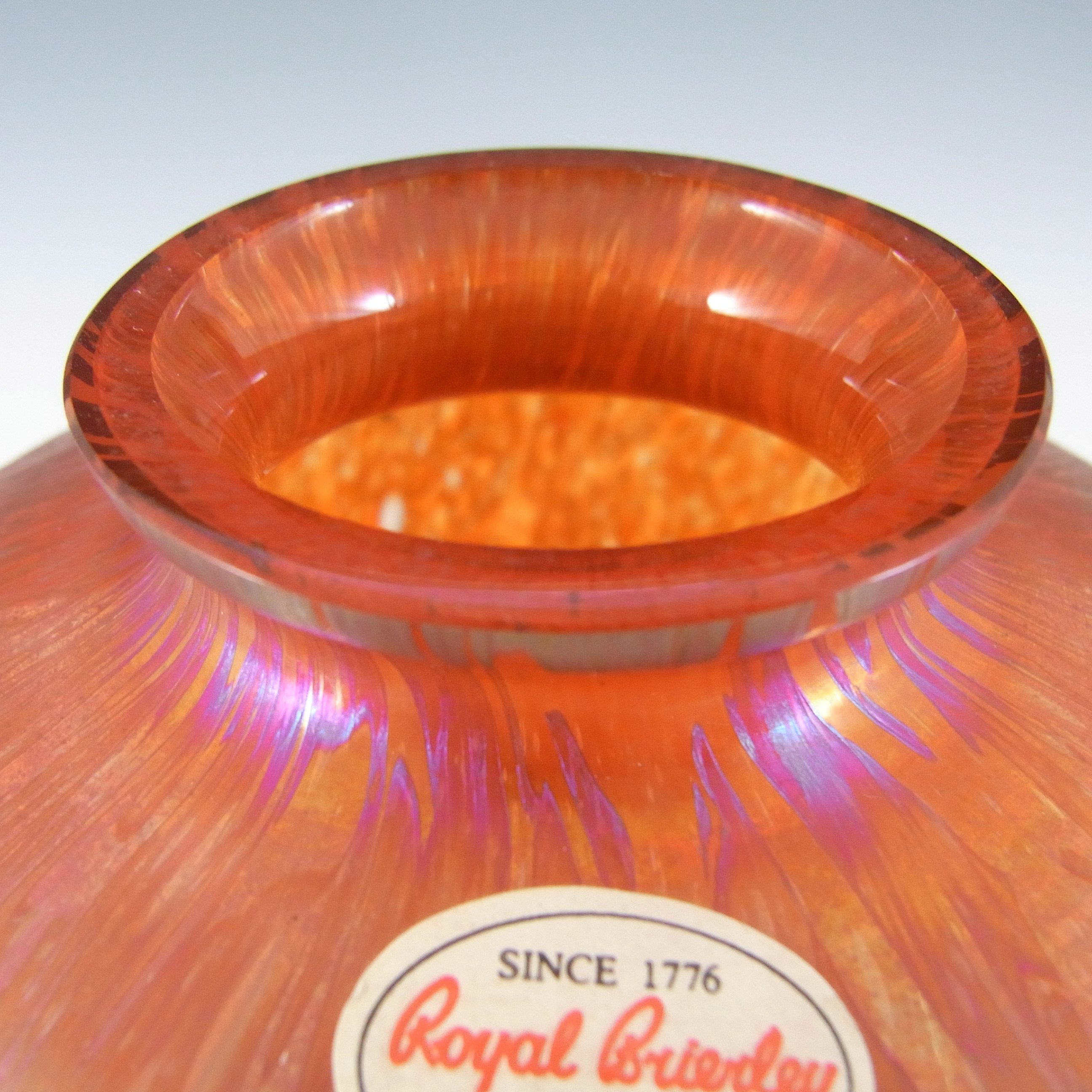 MARKED Royal Brierley Iridescent Red Glass 'Studio' Vase - Label - Click Image to Close