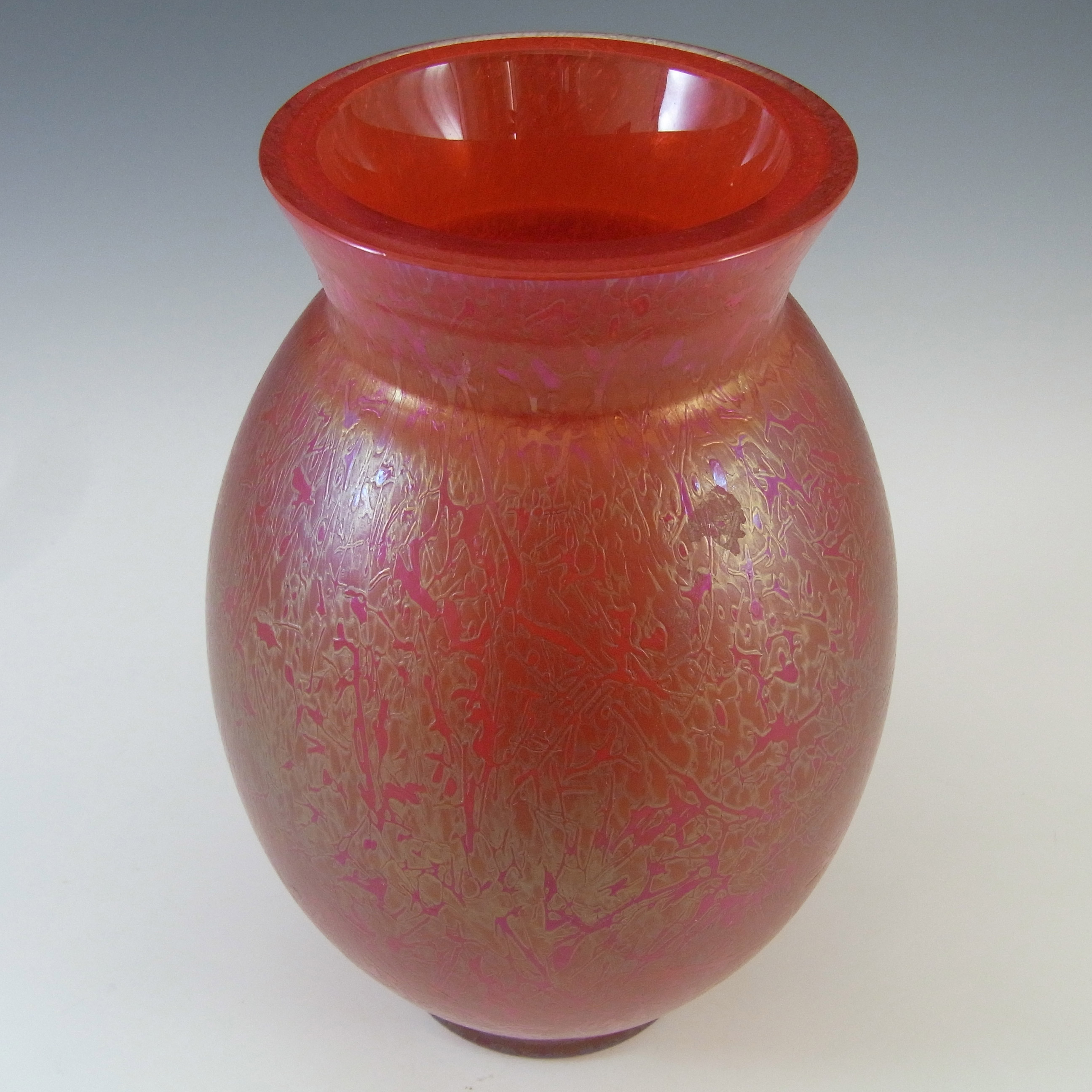 (image for) MARKED Royal Brierley Vintage Iridescent Red Glass 'Studio' Vase - Click Image to Close
