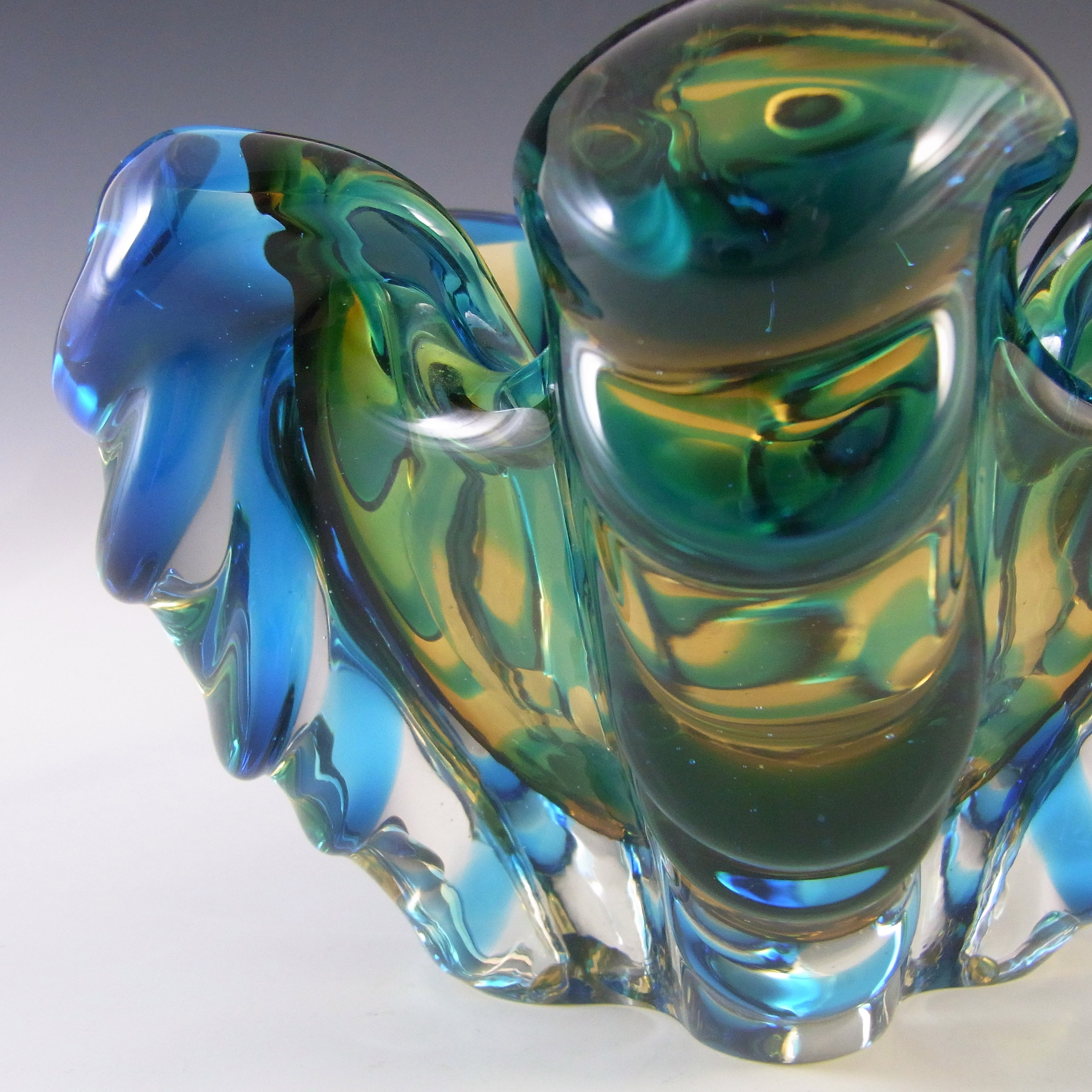 Japanese Amber & Blue Glass Organic Vintage Sculpture Bowl - Click Image to Close
