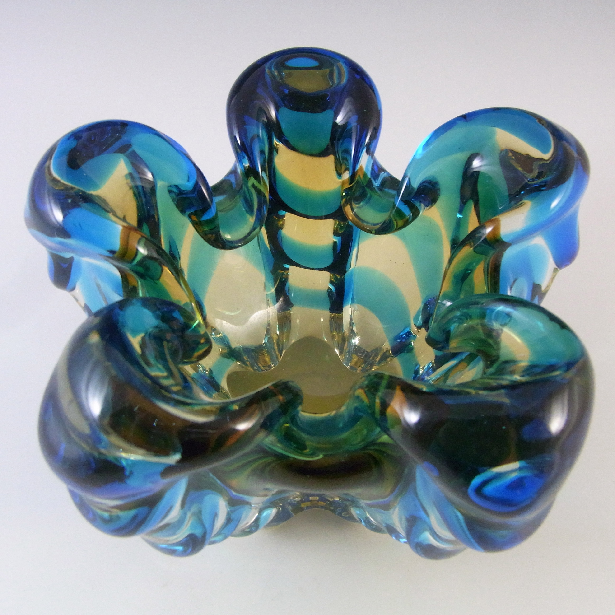 Japanese Amber & Blue Glass Organic Vintage Sculpture Bowl - Click Image to Close