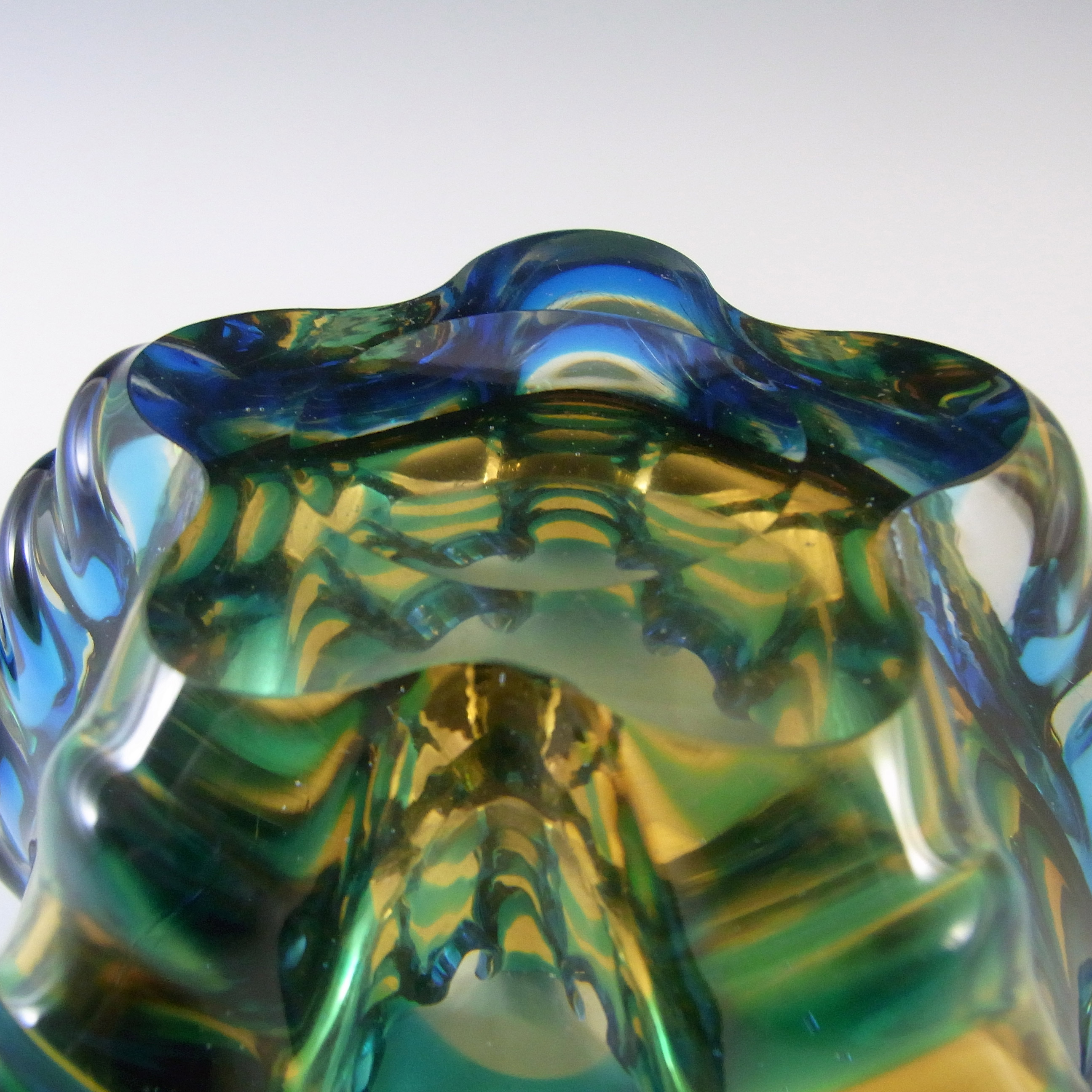 (image for) Japanese Amber & Blue Glass Organic Vintage Sculpture Bowl - Click Image to Close
