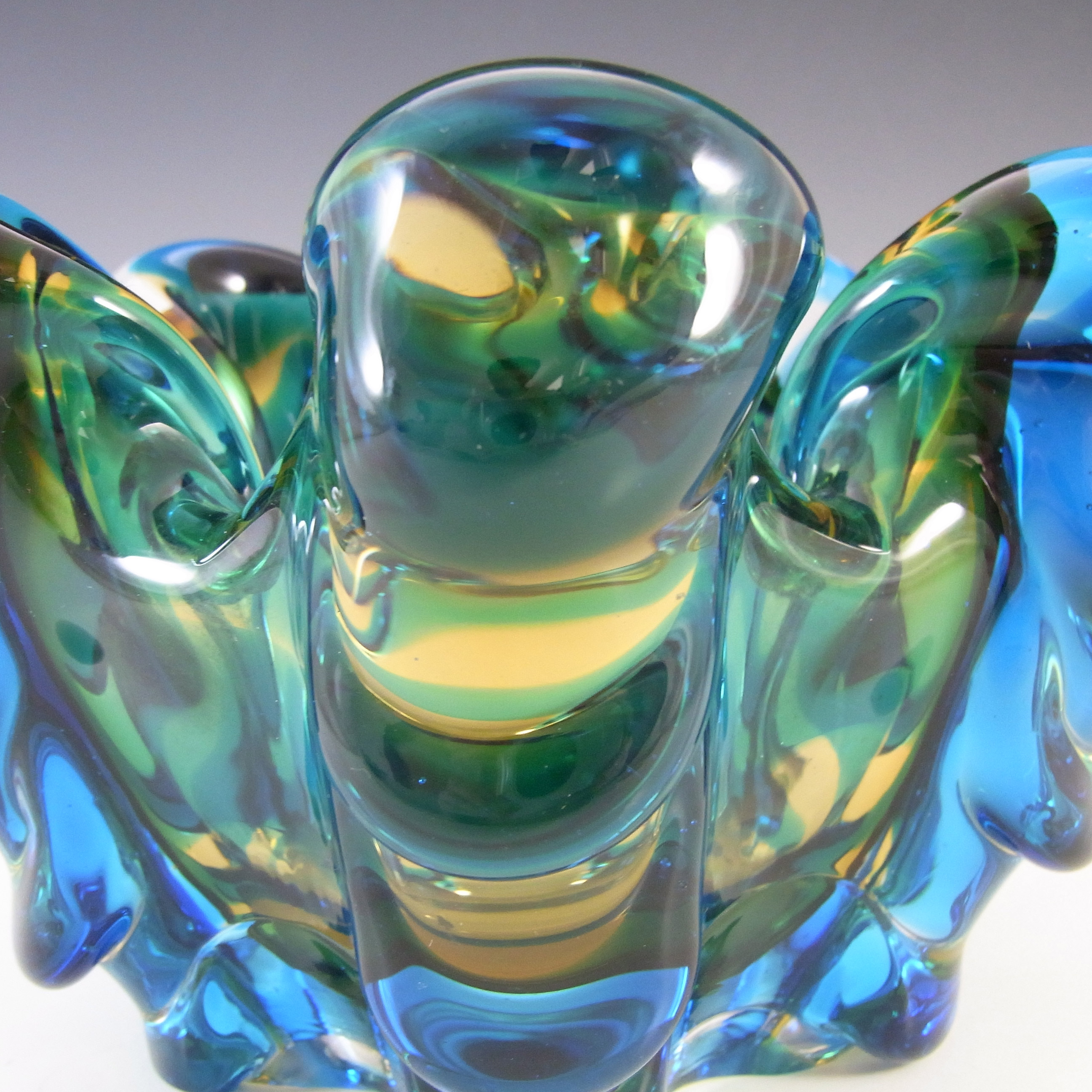 Japanese Amber & Blue Glass Organic Ribbed Sculpture Bowl - Click Image to Close