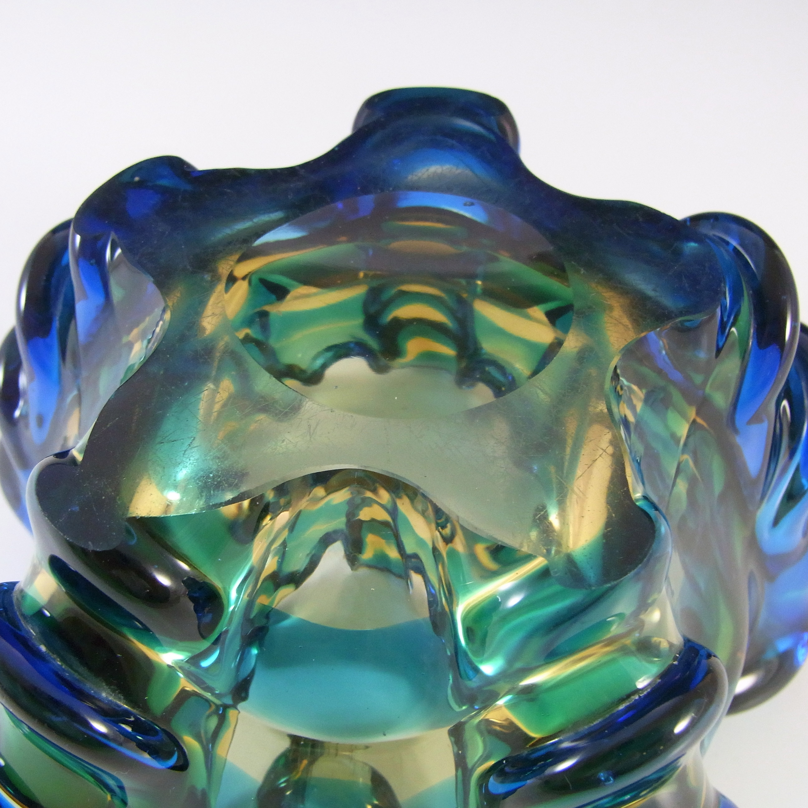 Japanese Amber & Blue Glass Organic Ribbed Sculpture Bowl - Click Image to Close