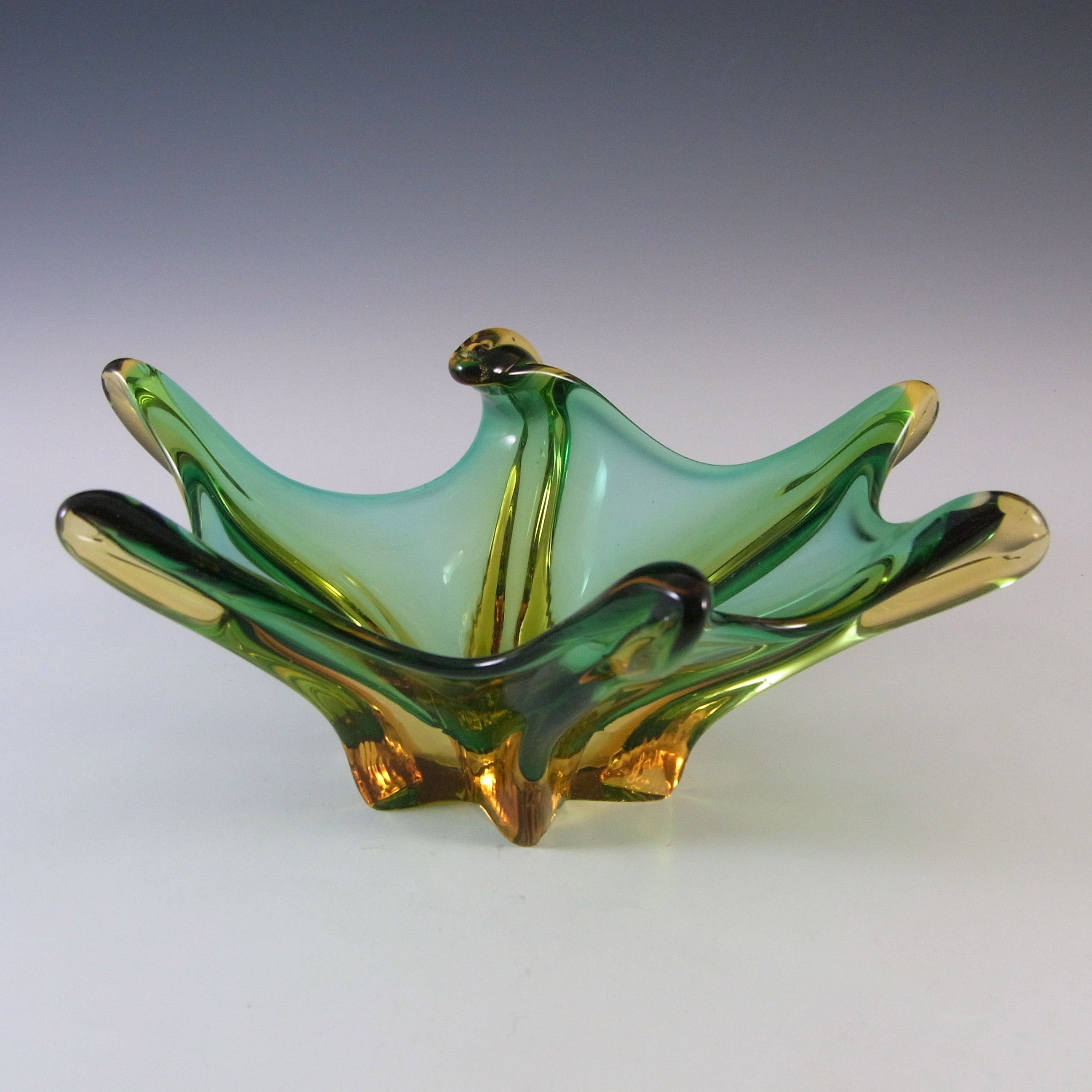 Cristallo Venezia Murano Green & Amber Sommerso Glass Sculpture Bowl - Click Image to Close