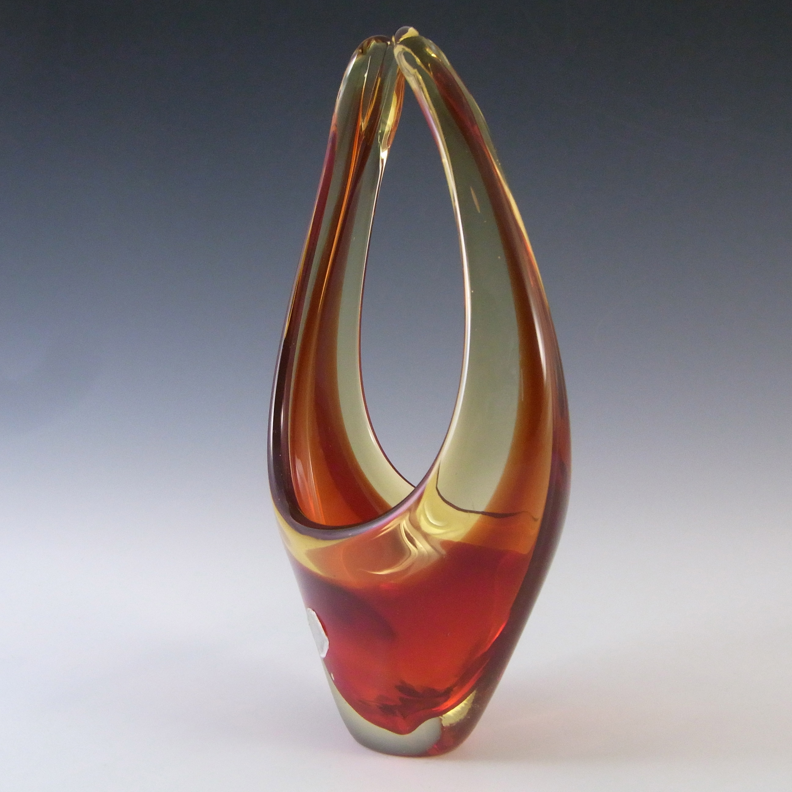 Murano Red & Amber Sommerso Glass Vintage Sculpture Bowl - Click Image to Close