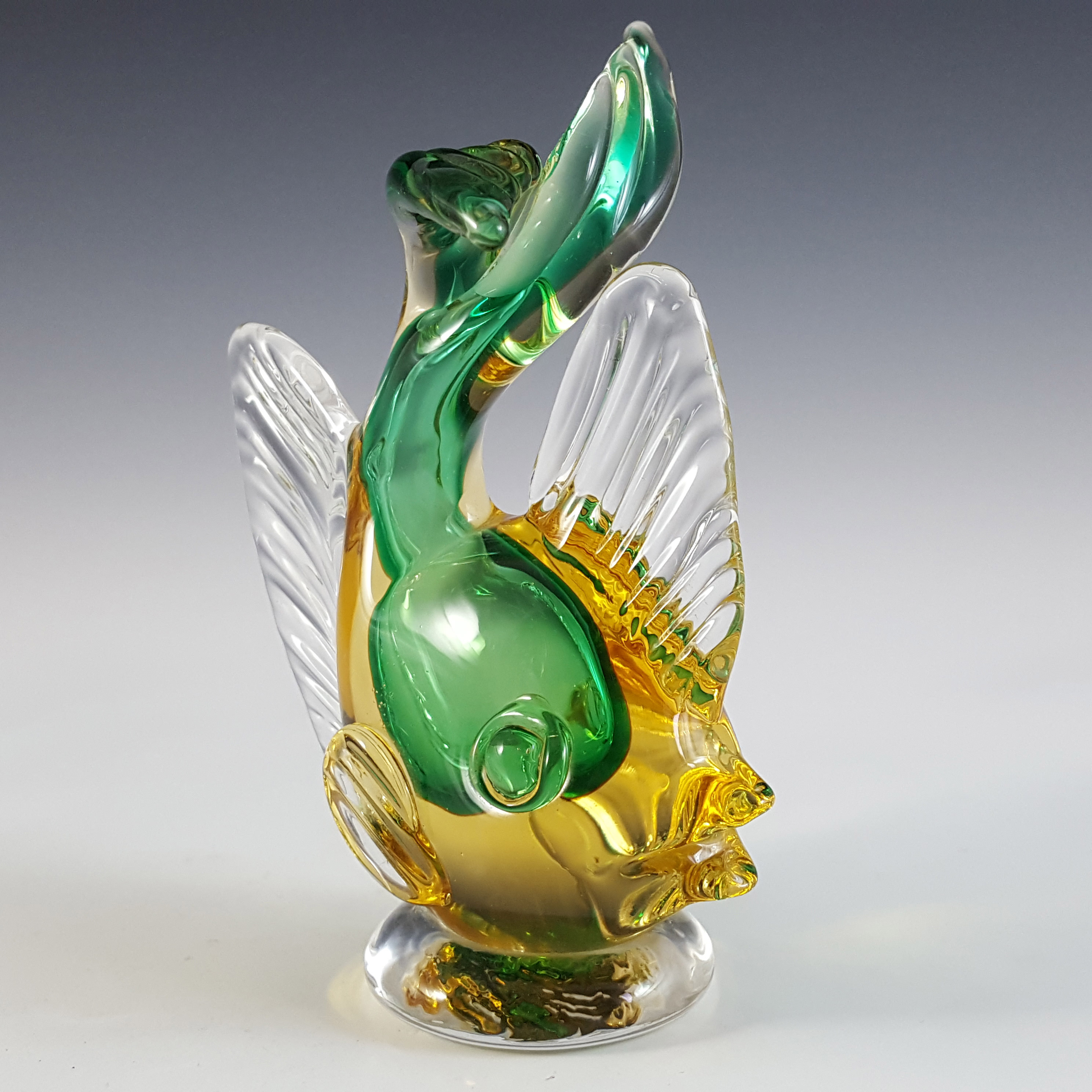 Artistica Murano CCC Green & Amber Sommerso Glass Vintage Fish Sculpture - Click Image to Close