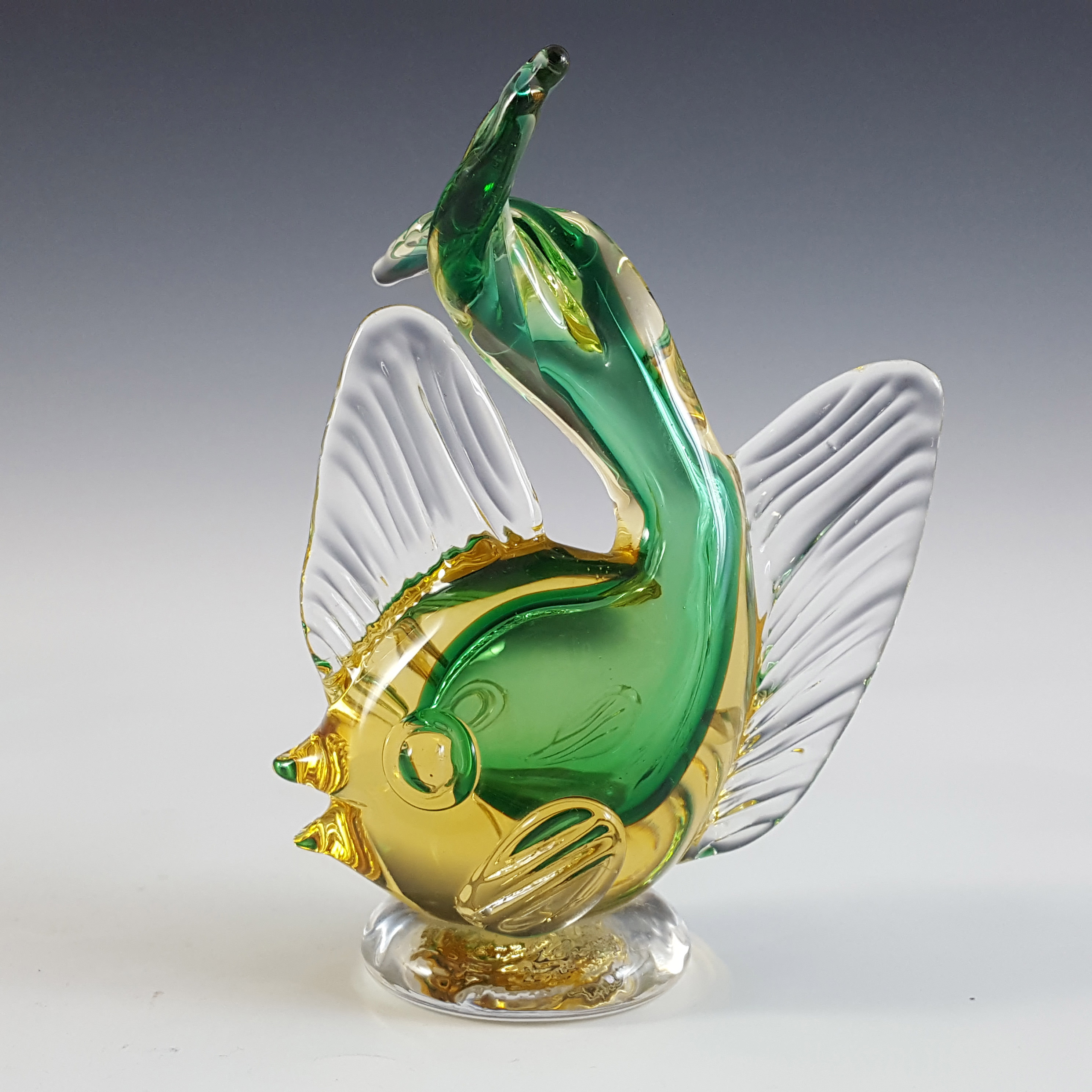 Artistica Murano CCC Green & Amber Sommerso Glass Vintage Fish Sculpture - Click Image to Close