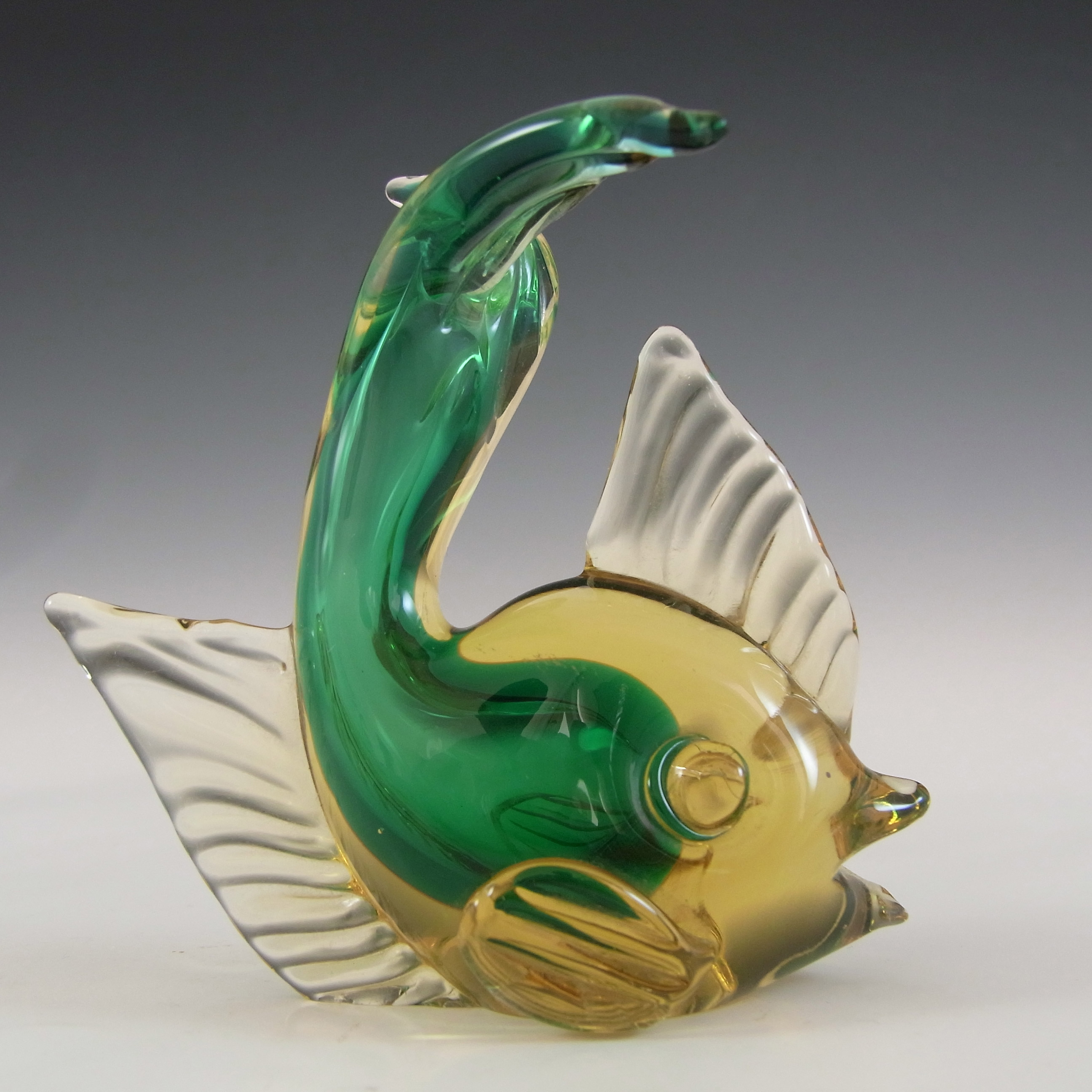 (image for) Artistica Murano CCC Green & Amber Sommerso Glass Vintage Fish Sculpture - Click Image to Close
