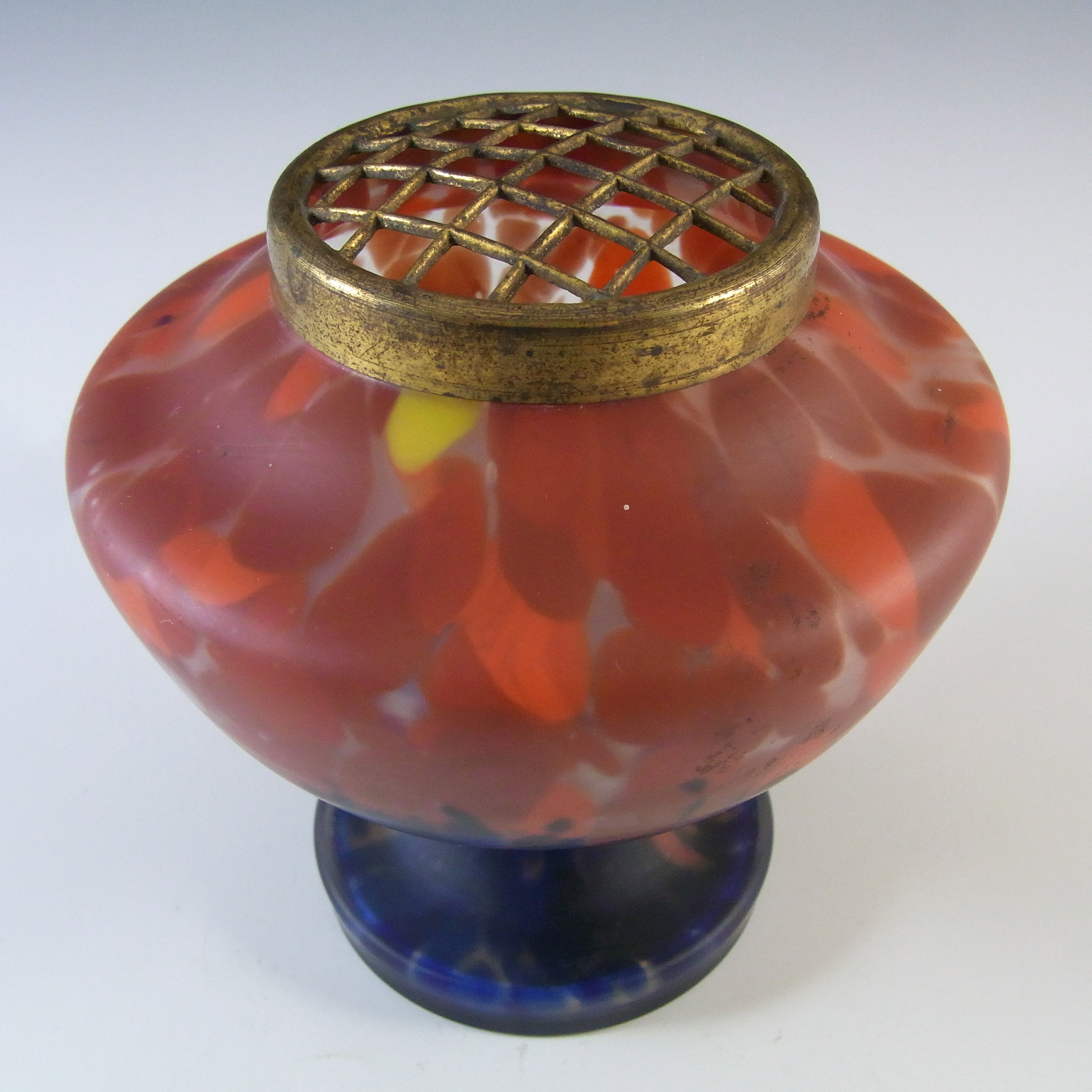 (image for) Czech Red & Blue Frosted Spatter Glass Art Deco Posy Vase - Click Image to Close